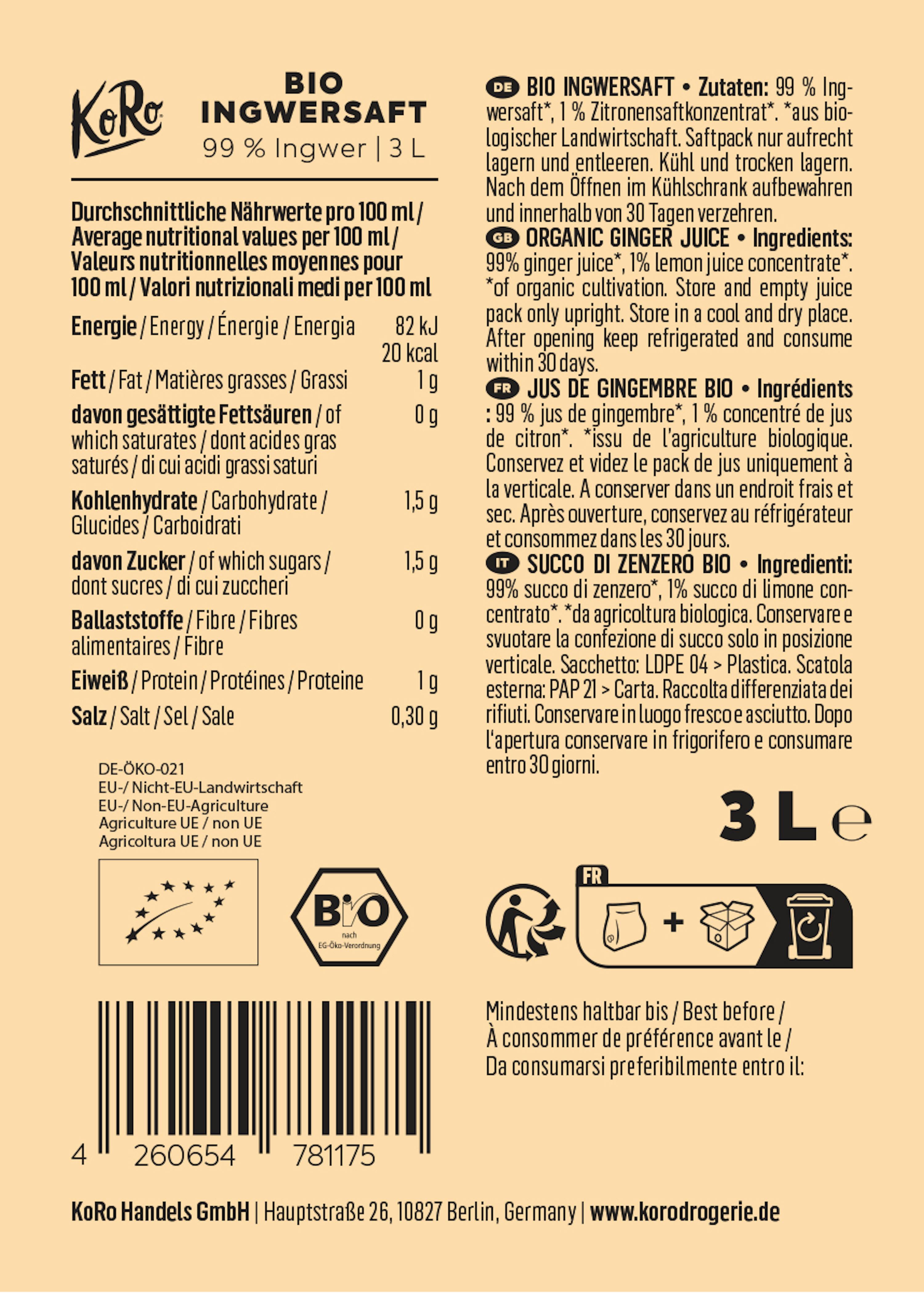 4260654781175 - Bio Ingwersaft Bag-in-Box 3 L