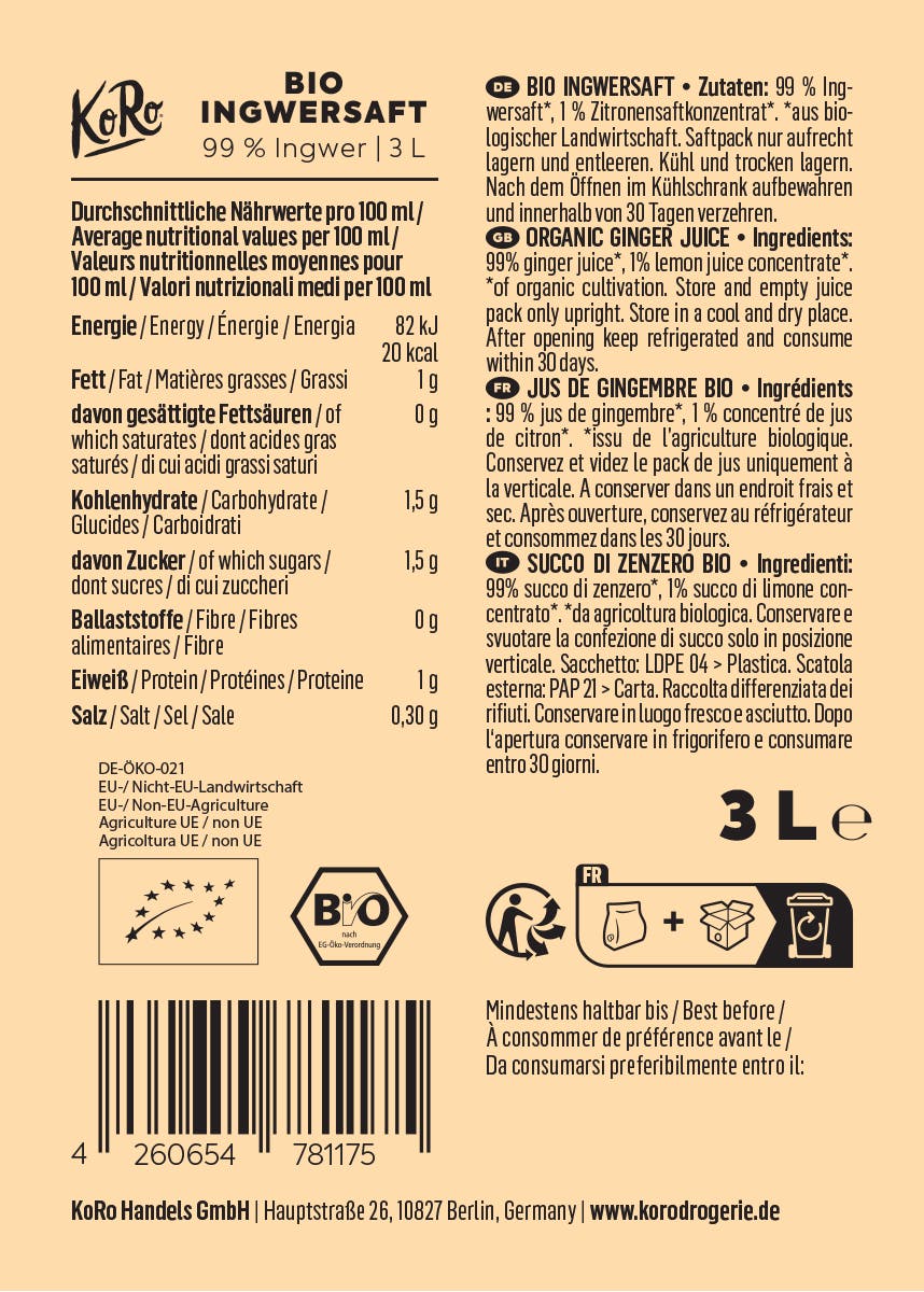 4260654781175 - Bio Ingwersaft Bag-in-Box 3 L 4260654781175 - Bio Ingwersaft Bag-in-Box 3 L