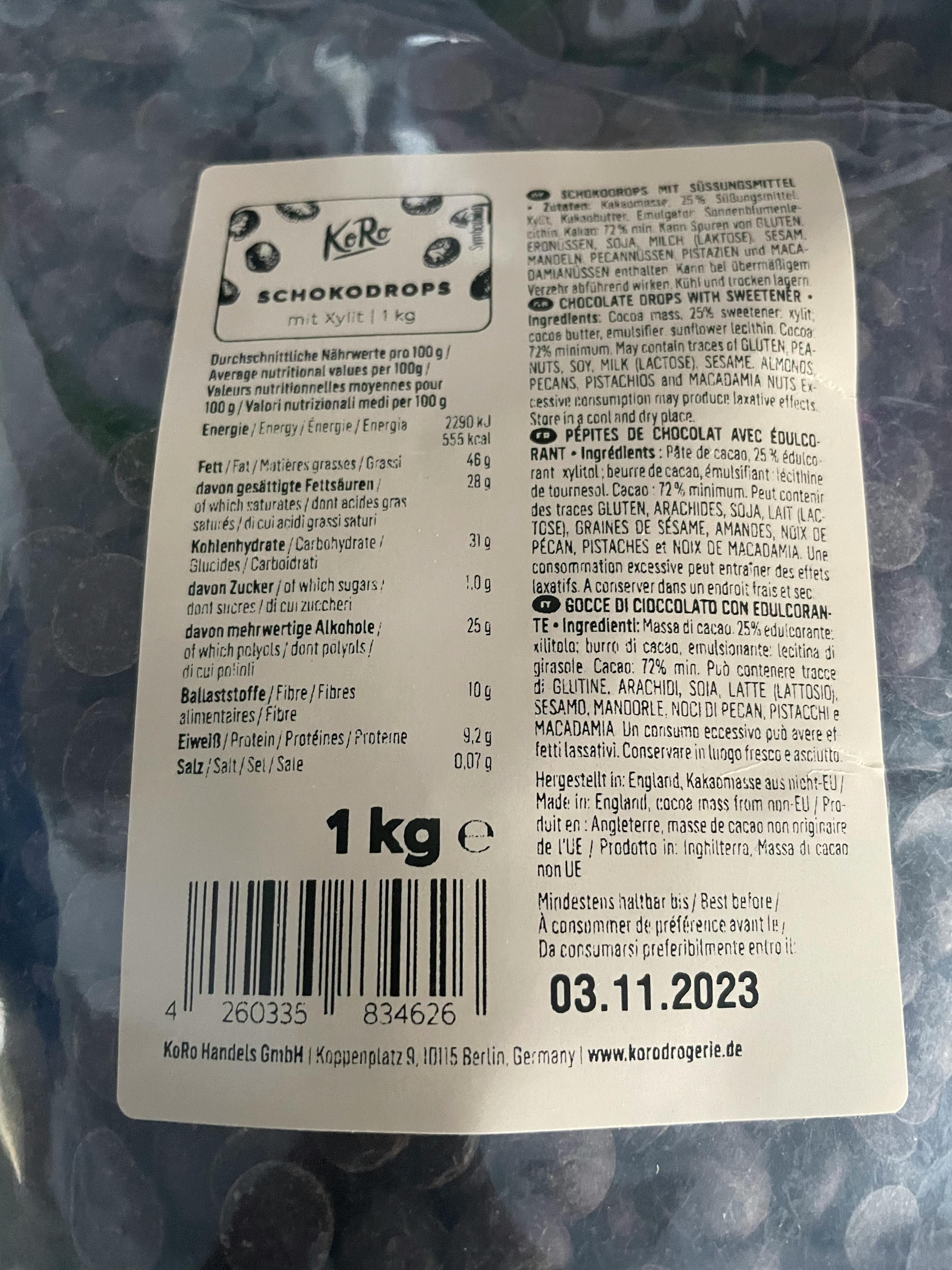 the back of a 1 kg bag of chocolate drops