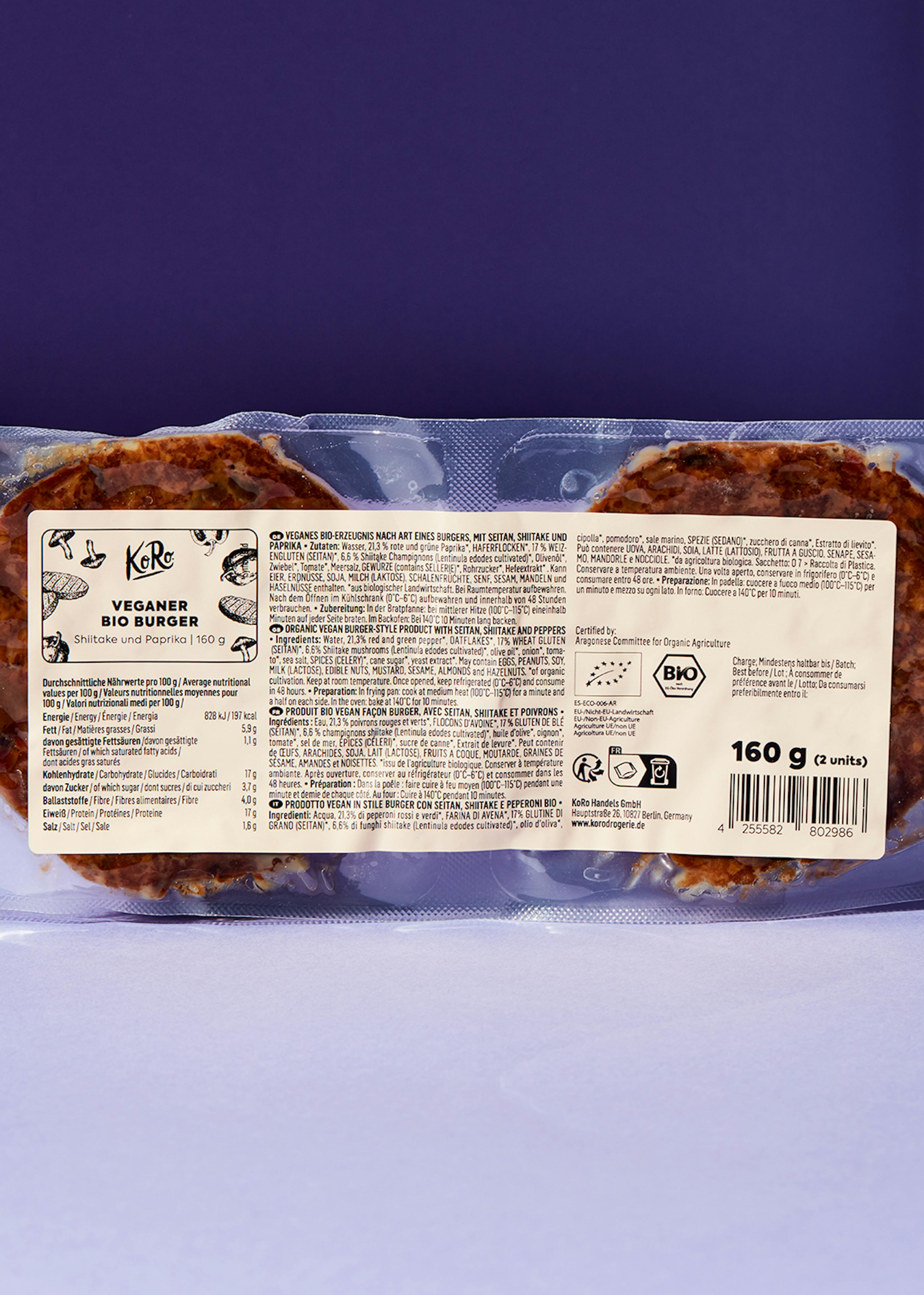 4255582803112 - Veganer Bio Burger Shiitake und Paprika 12 x 160 g