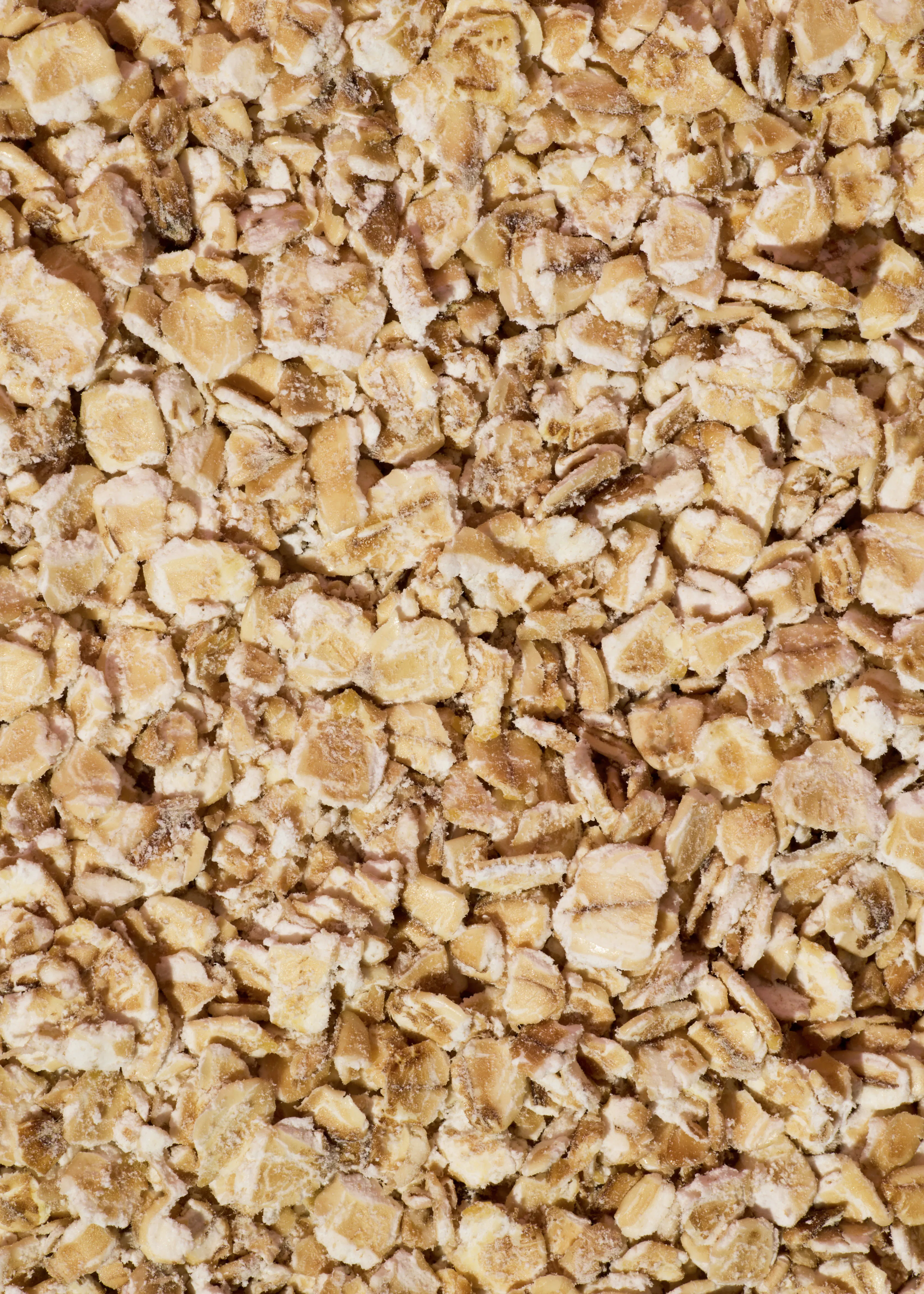 une vue en gros plan de flocons d'avoine de couleur beige et marron clair.