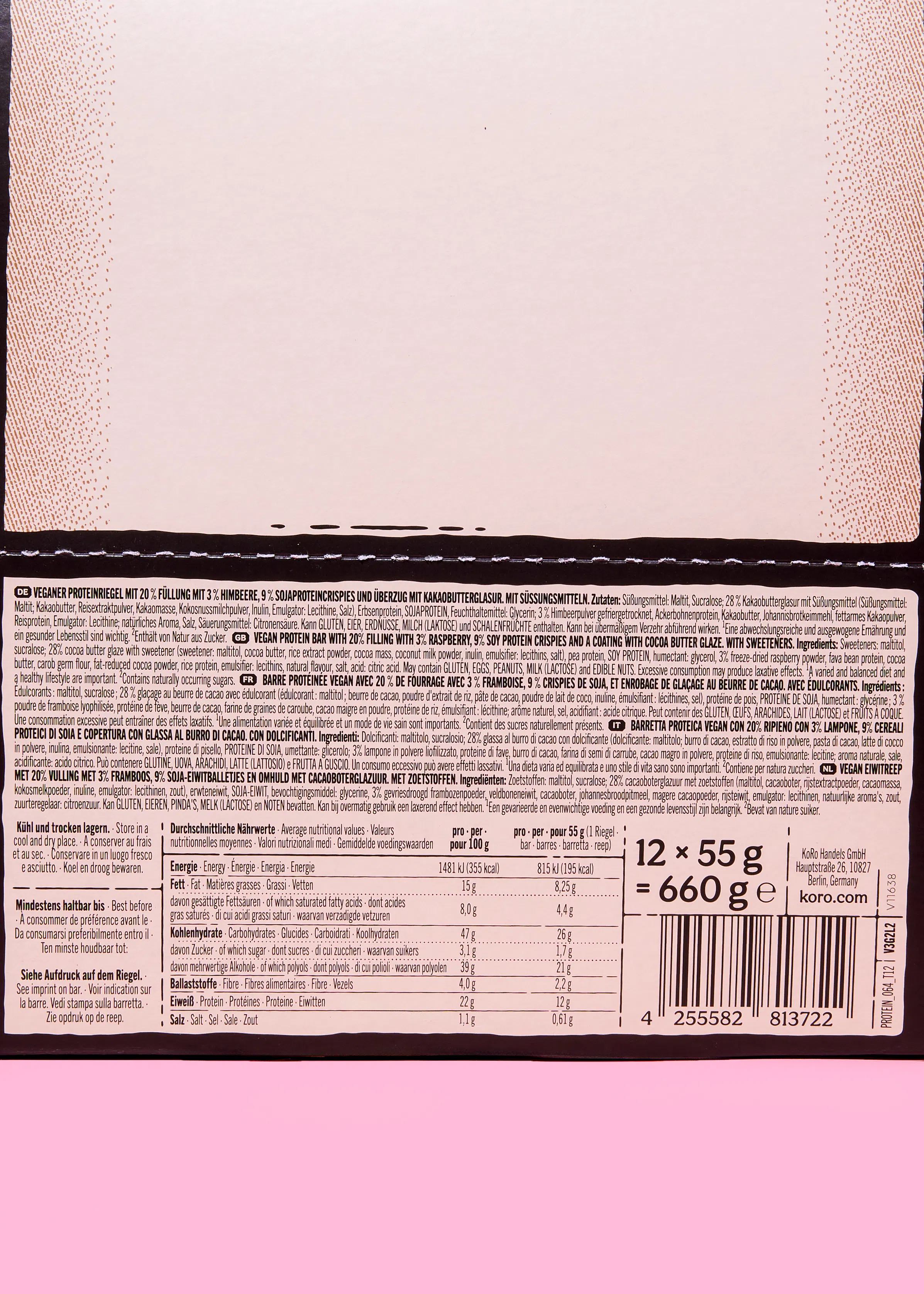 Vegan raspberry choc protein bar 12 x 55g