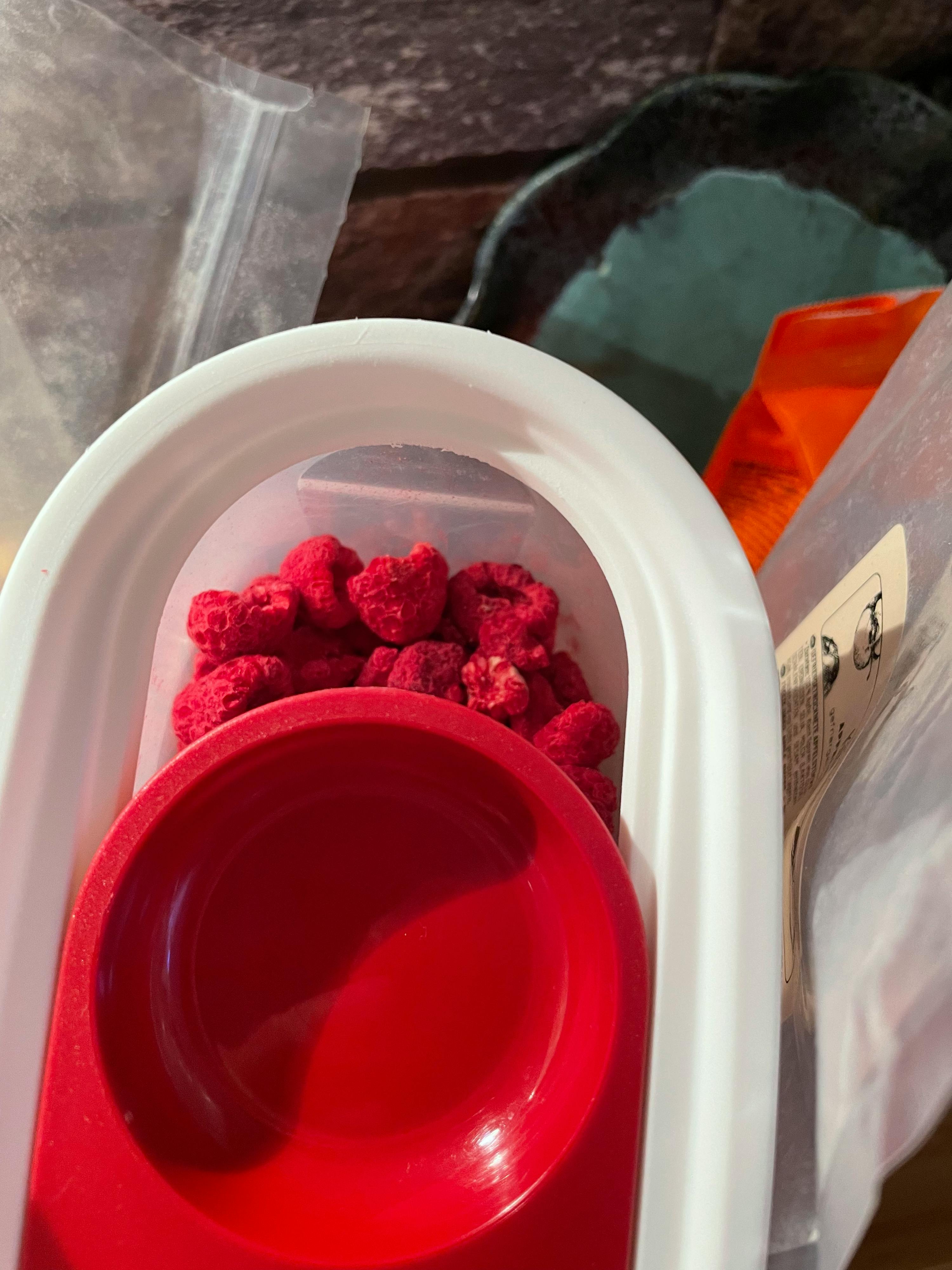 un contenitore di plastica con sopra una ciotola rossa piena di lamponi