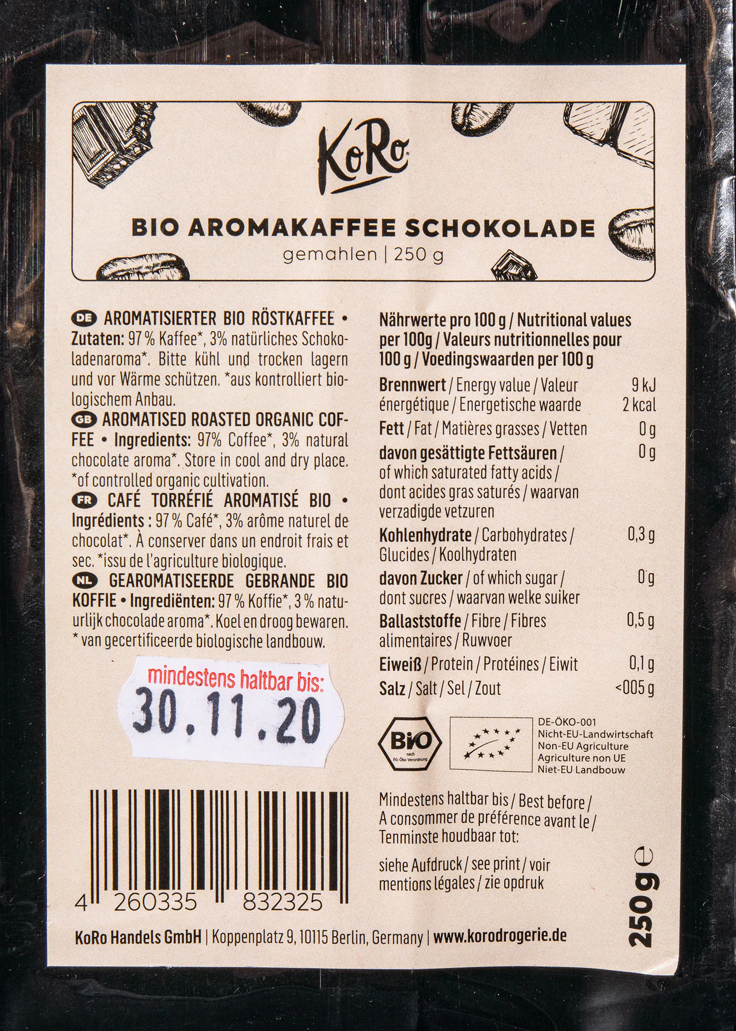 l' arrière de l' emballage d' un chocolat bio