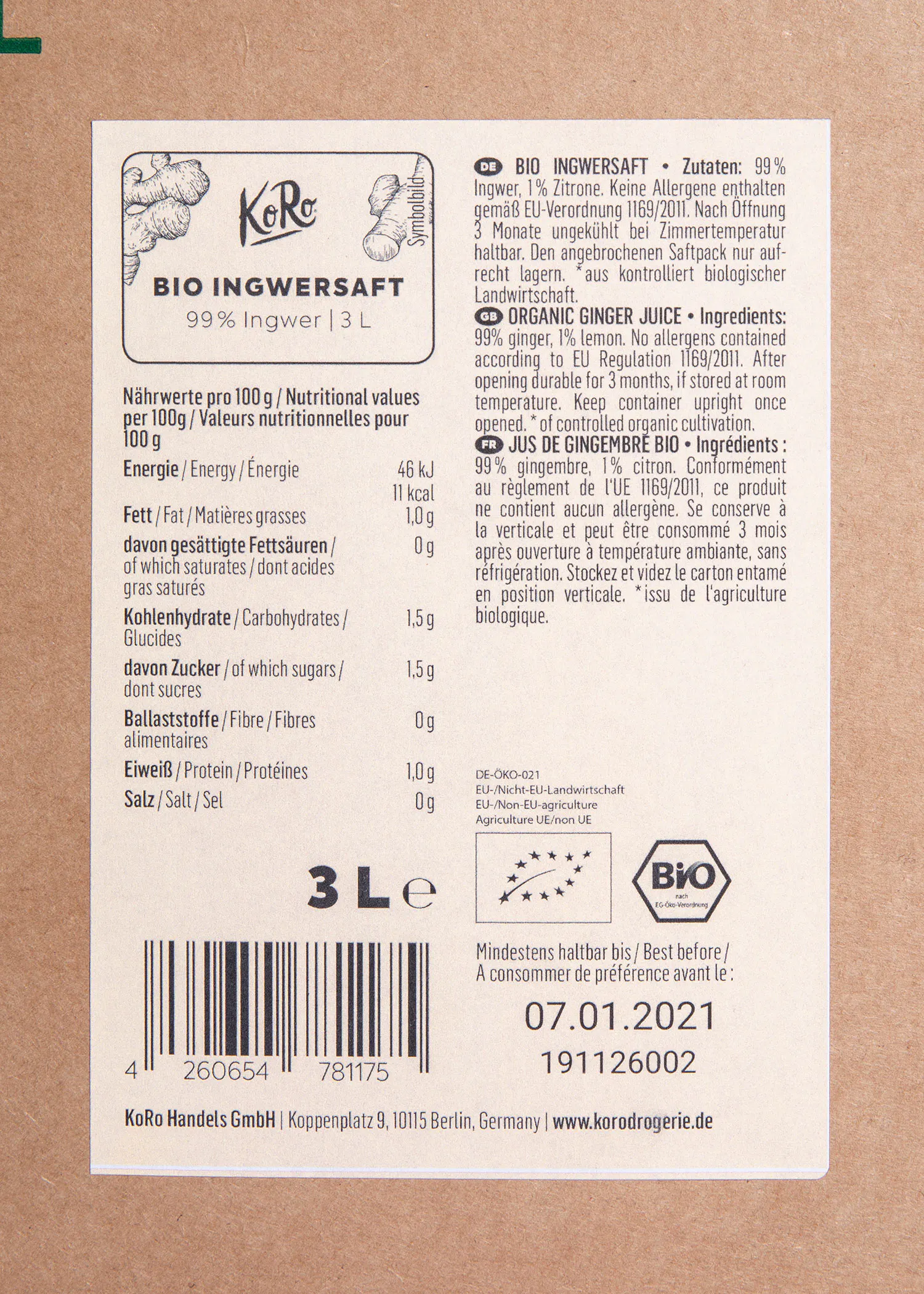 l' arrière d' une bouteille de jus de gingembre bio