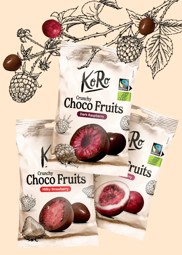 trois sachets de ko ro crunchy choco fruits, dont framboise noire et fraise au lait, sont présentés sur un fond beige avec des illustrations de baies et de branches.