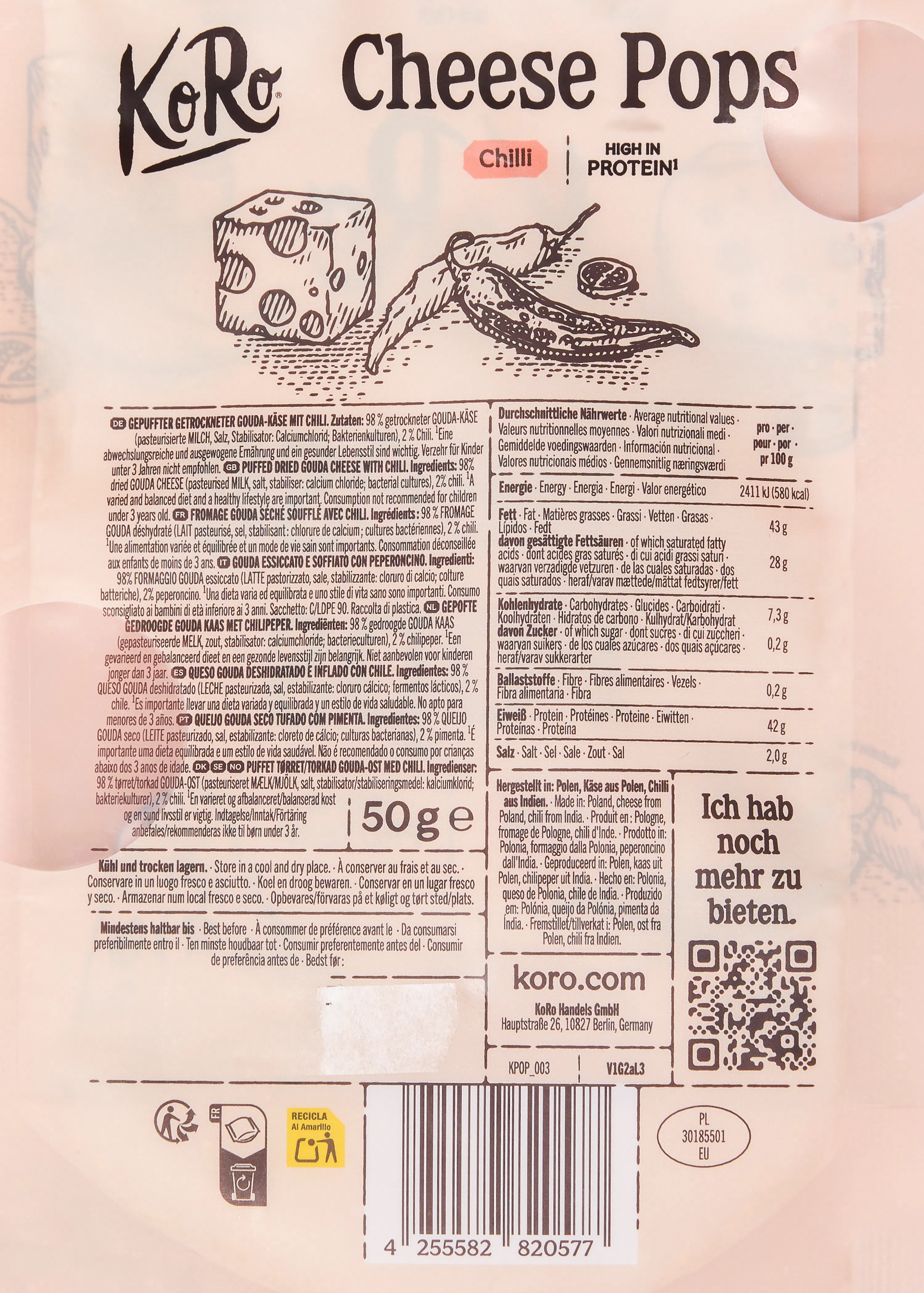 retro di una confezione di koro cheese pops al peperoncino con tabella nutrizionale, ingredienti multilingue e codice qr.