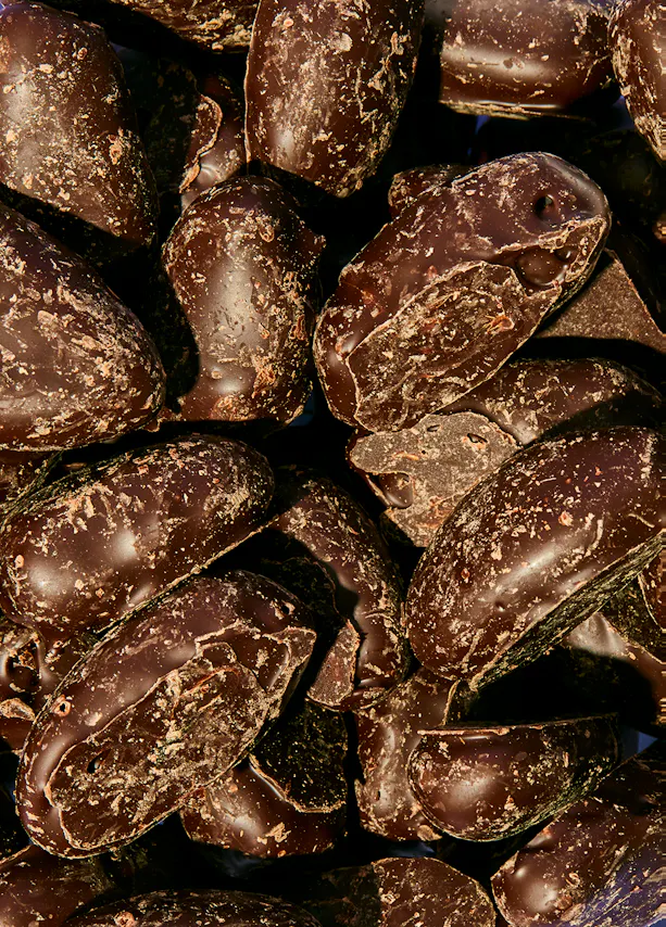 a close up of a pile of dark chocolate covered nuts
