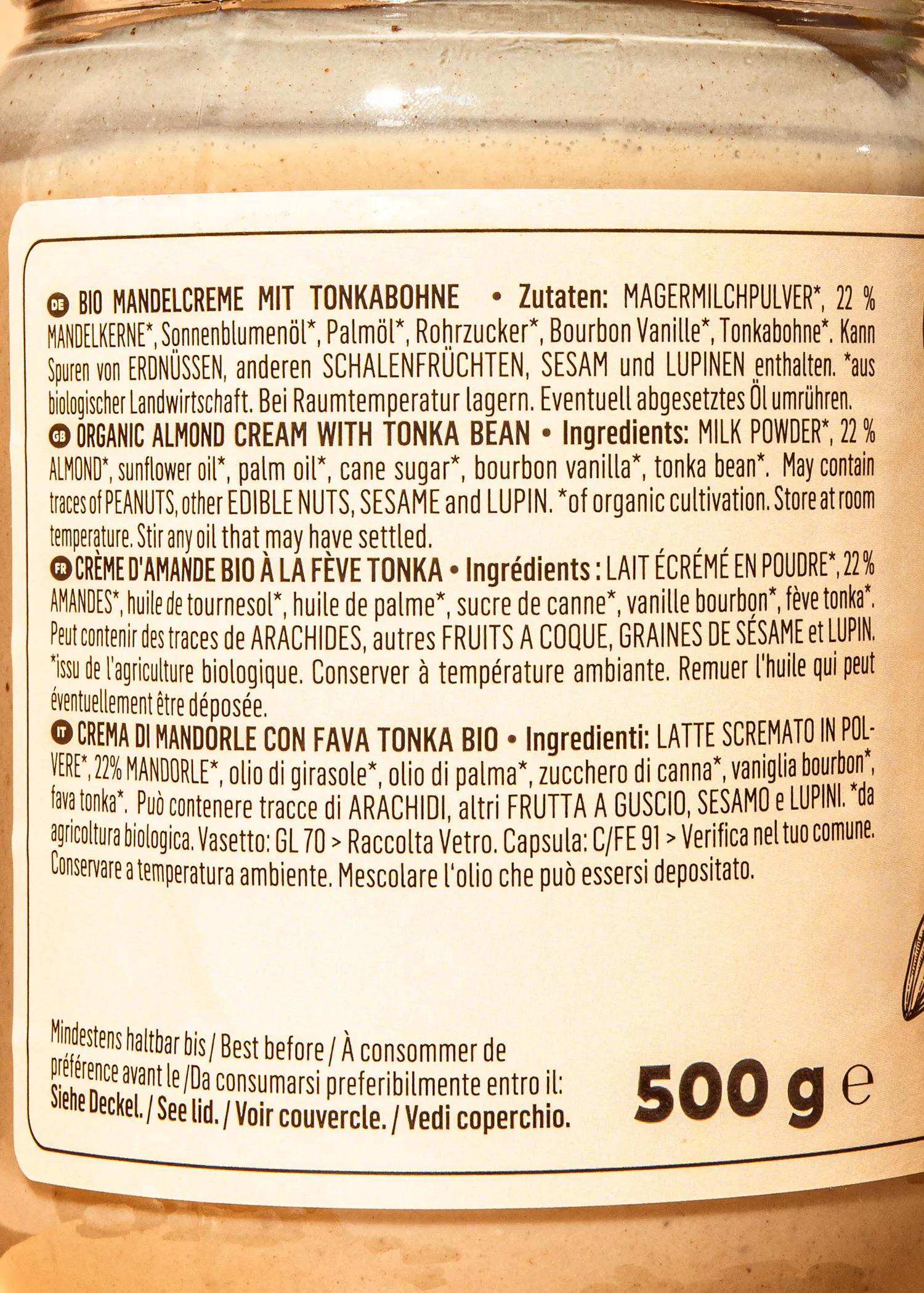 die rückseite einer 500g flasche bio mandelcreme mit tonkabohnen