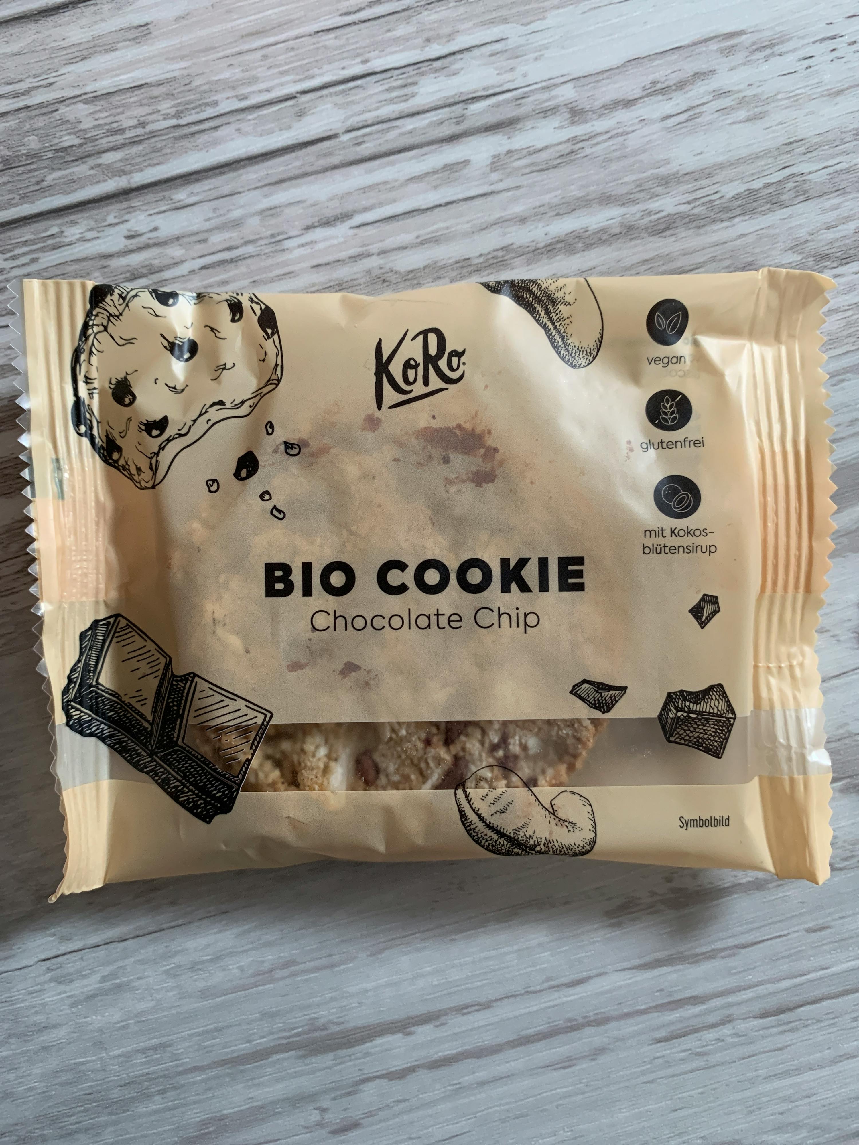 a package of bio cookie chocolate chip sits on a wooden table