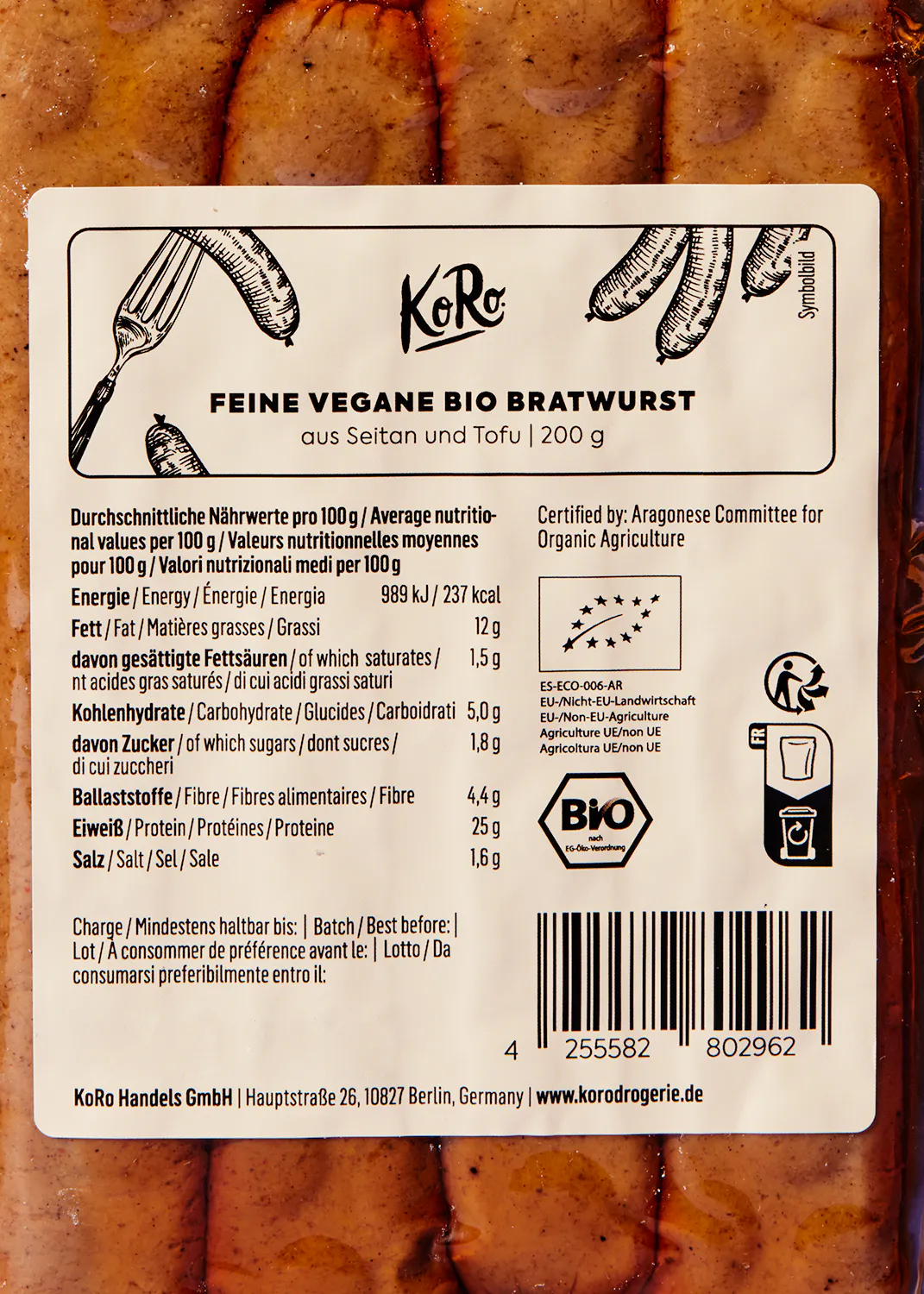 die Rückseite eines Etiketts für eine feine vegane bio Bratwurst aus Seitan und tofu