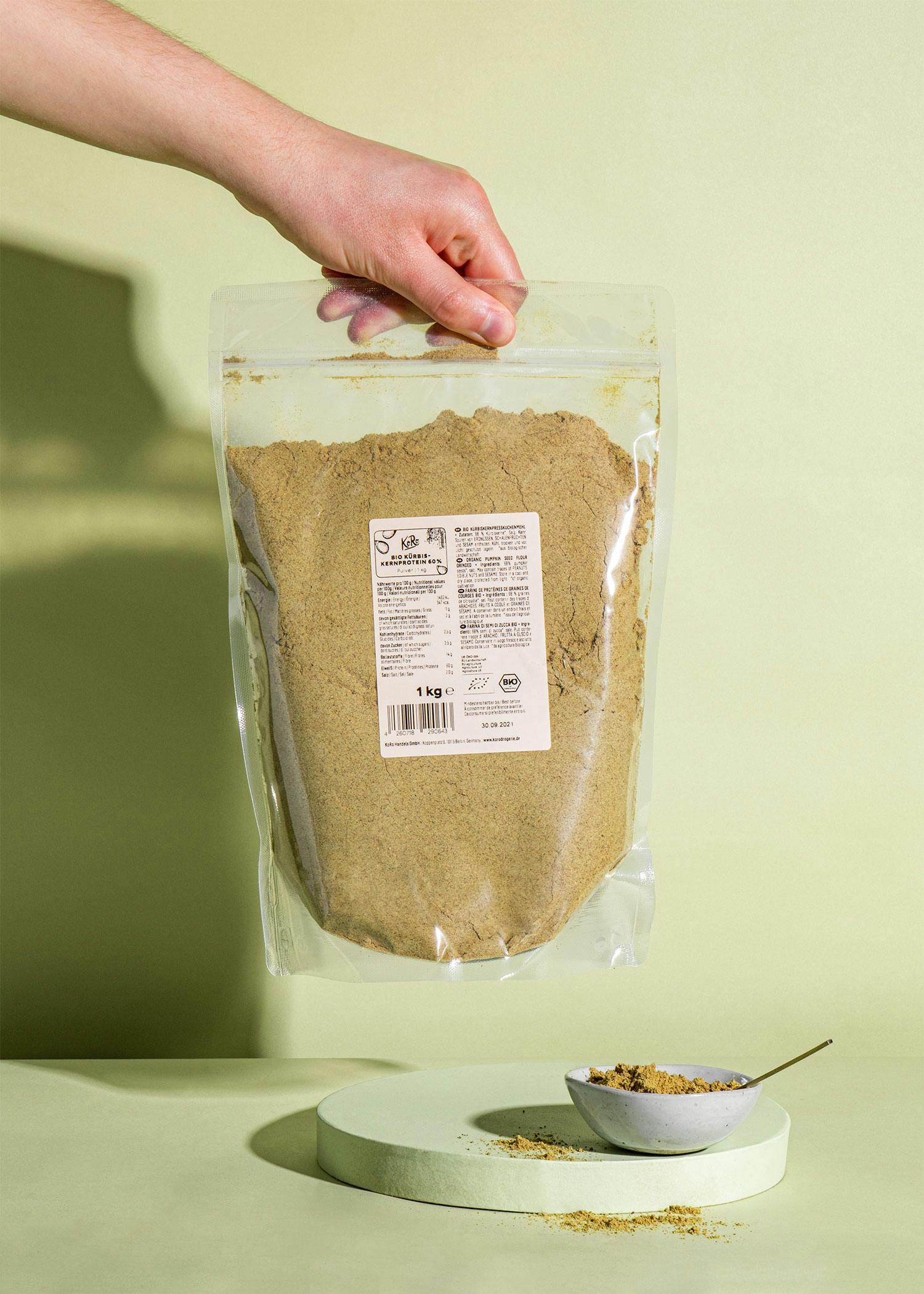 a person is holding a bag of rice flour with a label that says ' rice flour ' on it