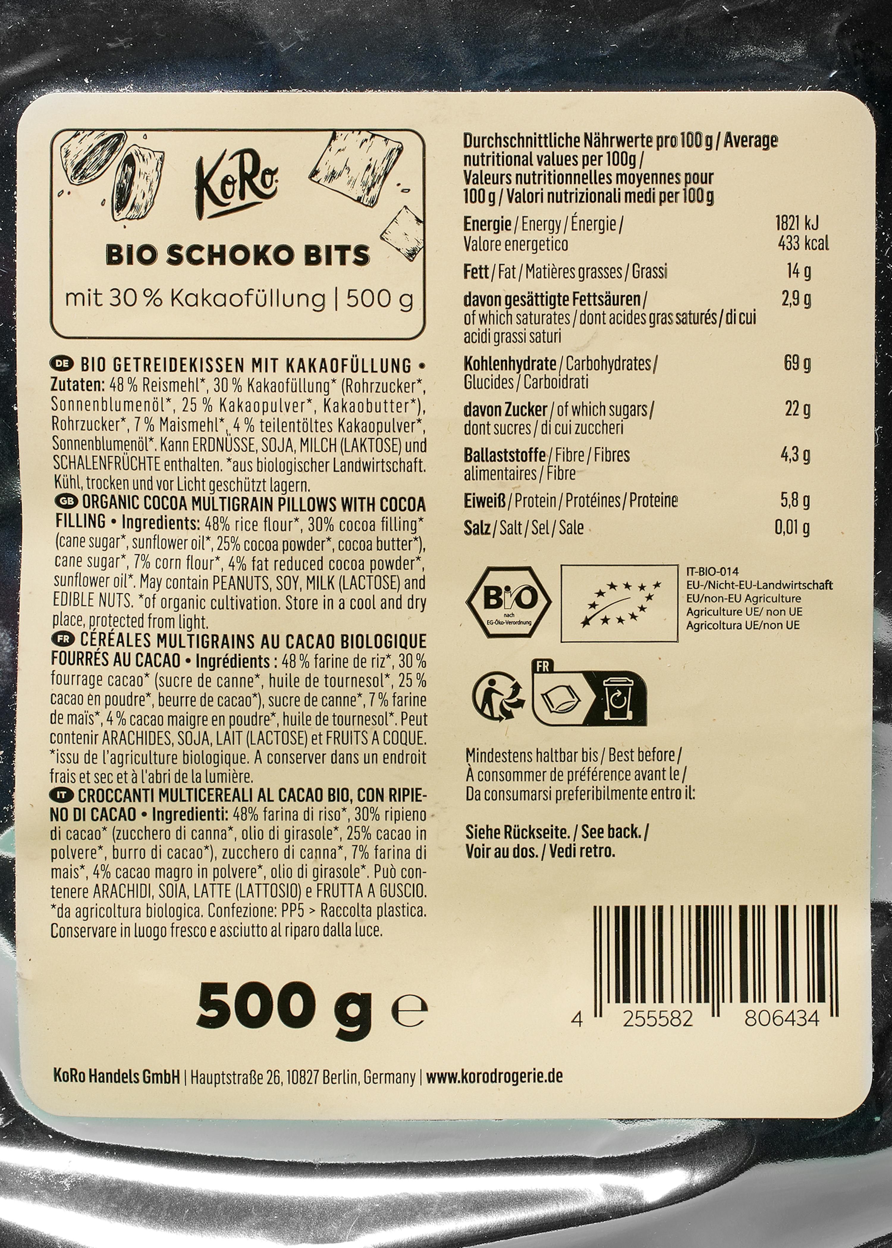 the back of a 500g package of bio schoko bits