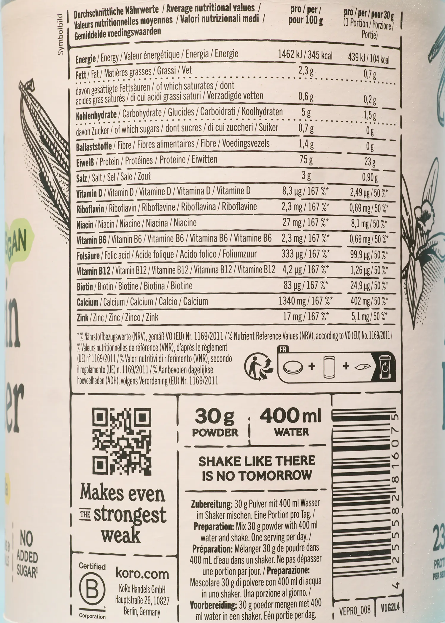 l' arrière d' une bouteille de 30 g de poudre d' eau