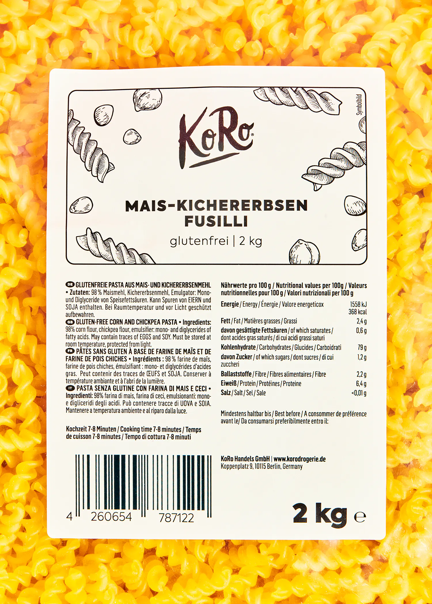 the back of a 2 kg container of koro fusilli