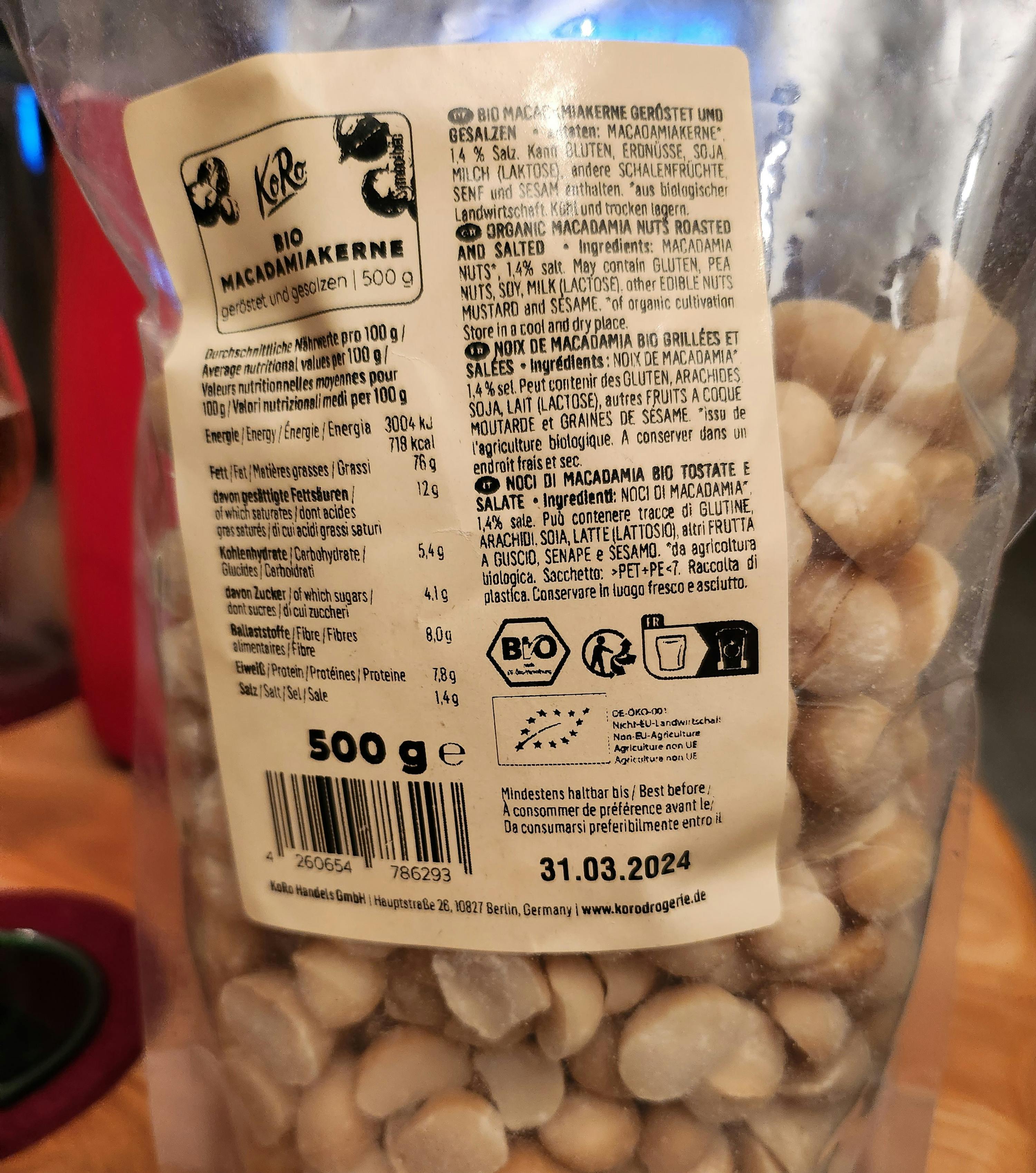 ein Etikett auf einem 500g-Beutel zeigt die Nährwertangaben