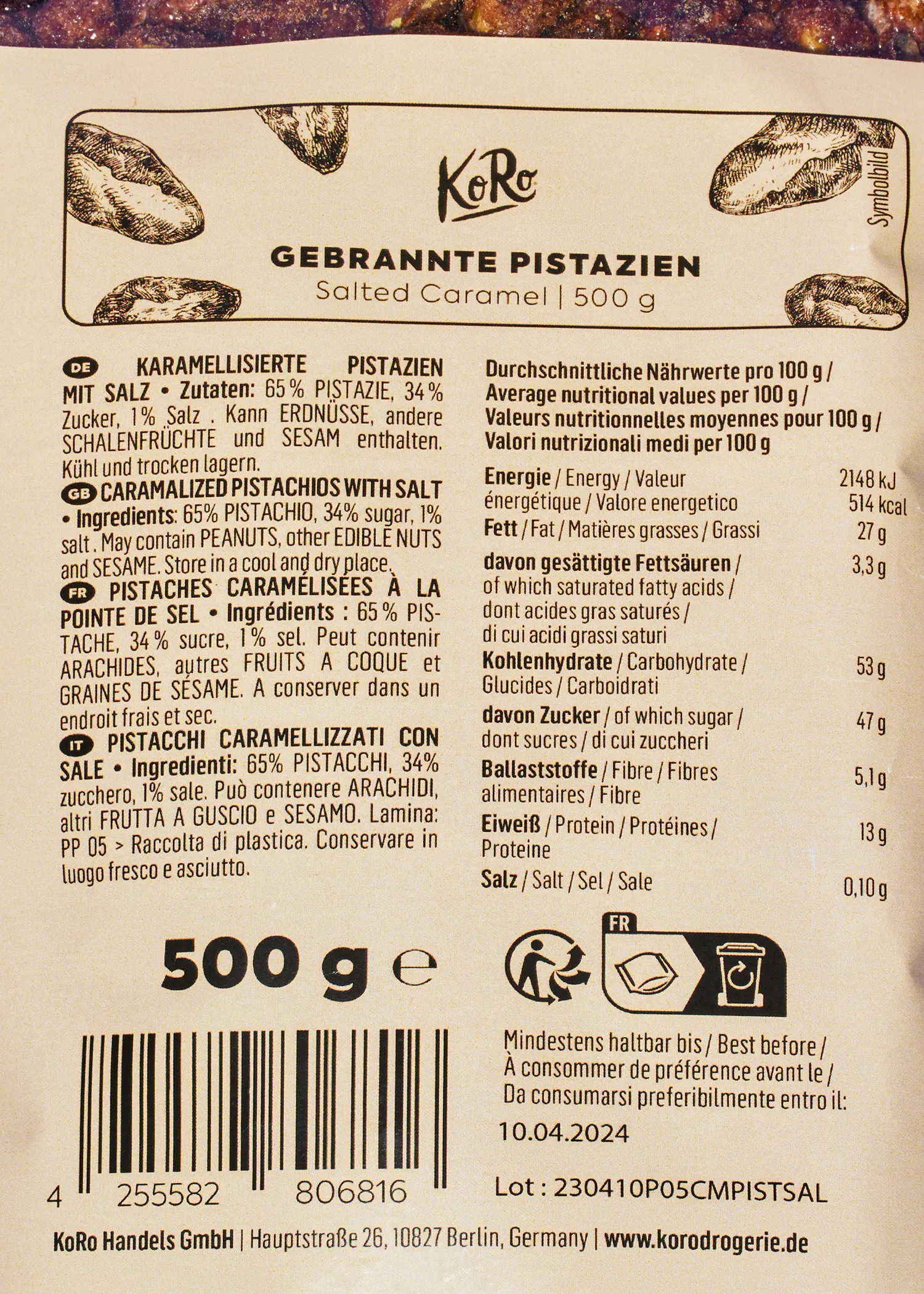 l' arrière de l' emballage d' un 500g de pistaches au caramel salé