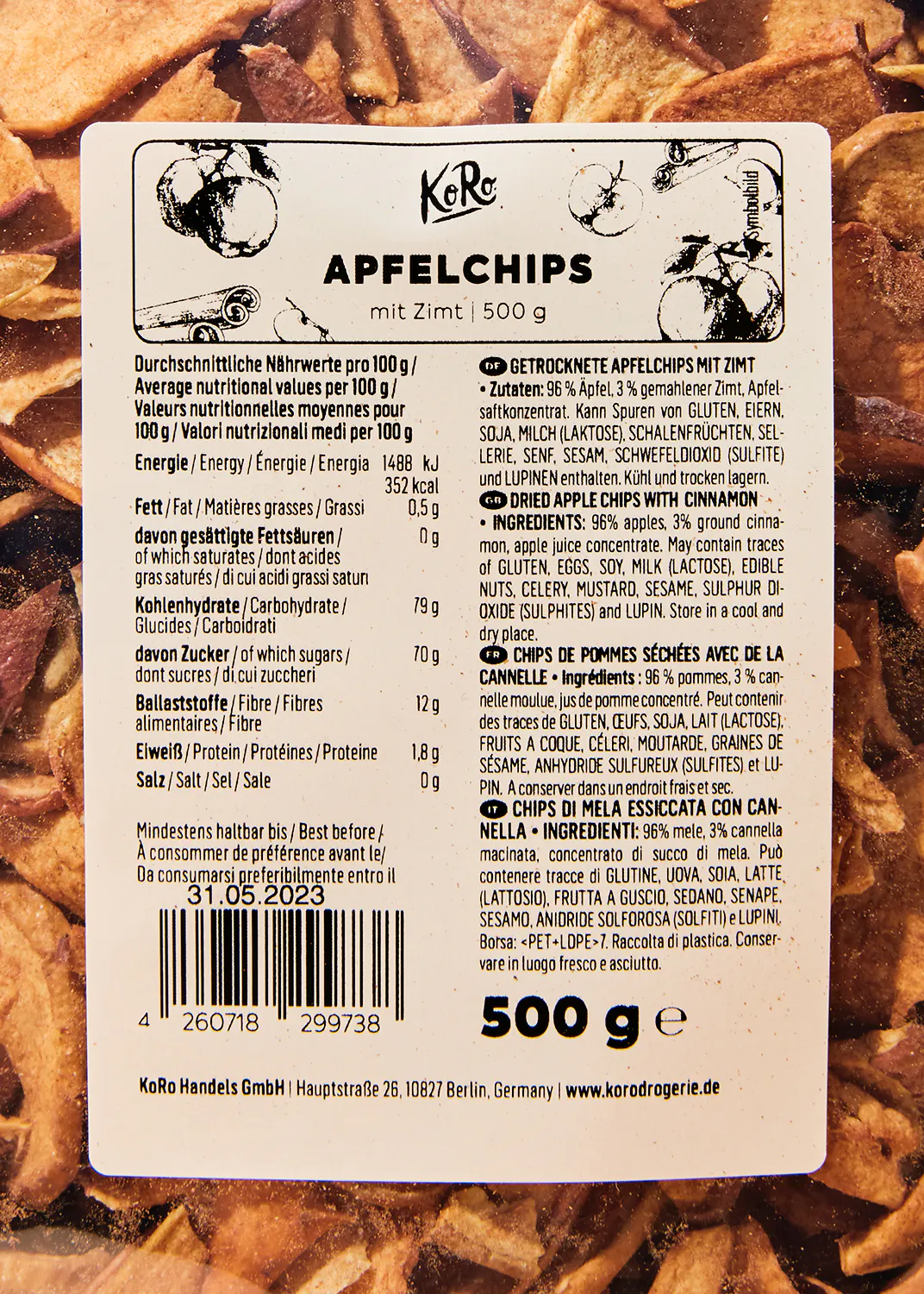 the back of a package of kore apple chips with cinnamon