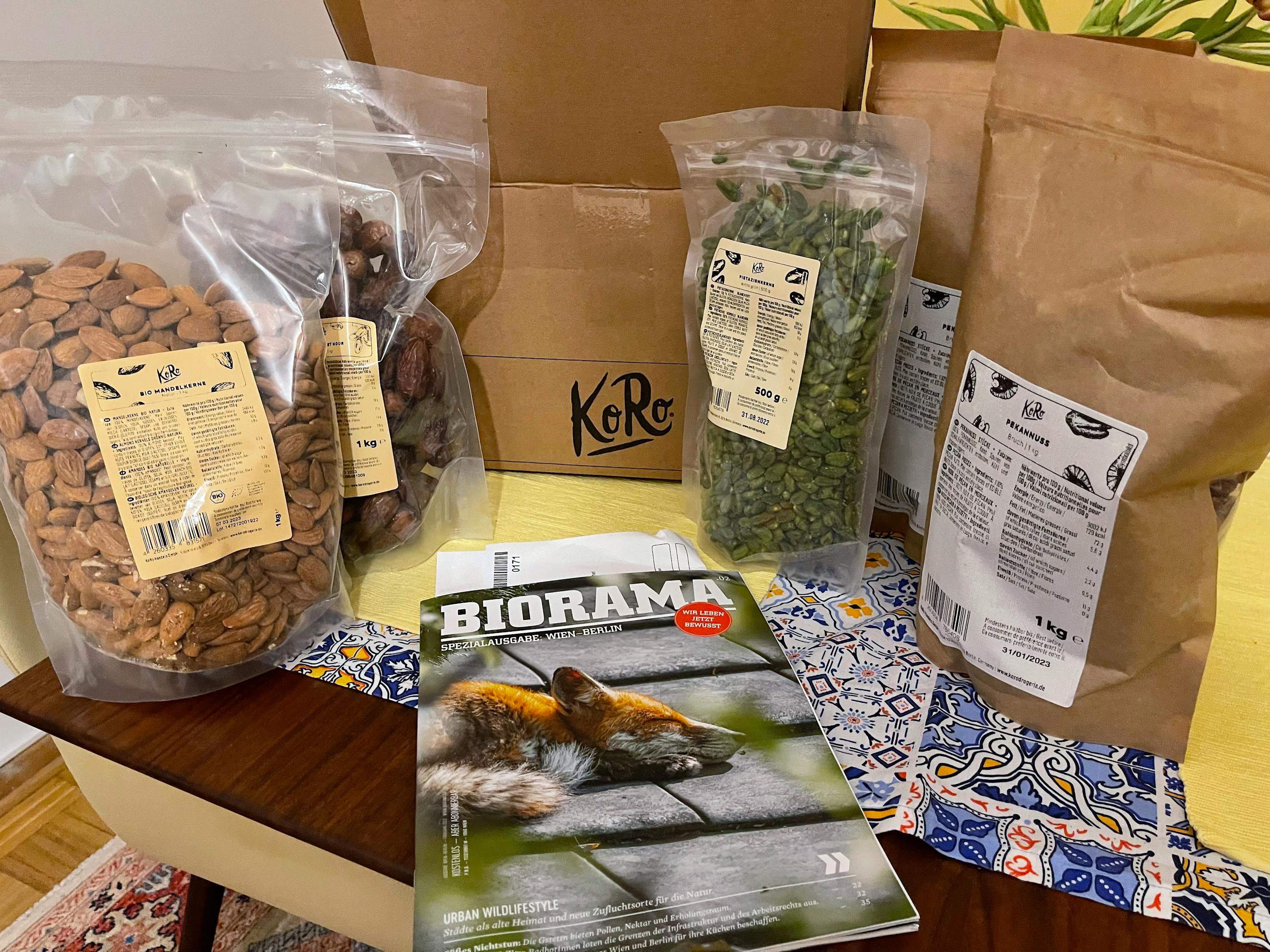 several bags of food including a biorama magazine