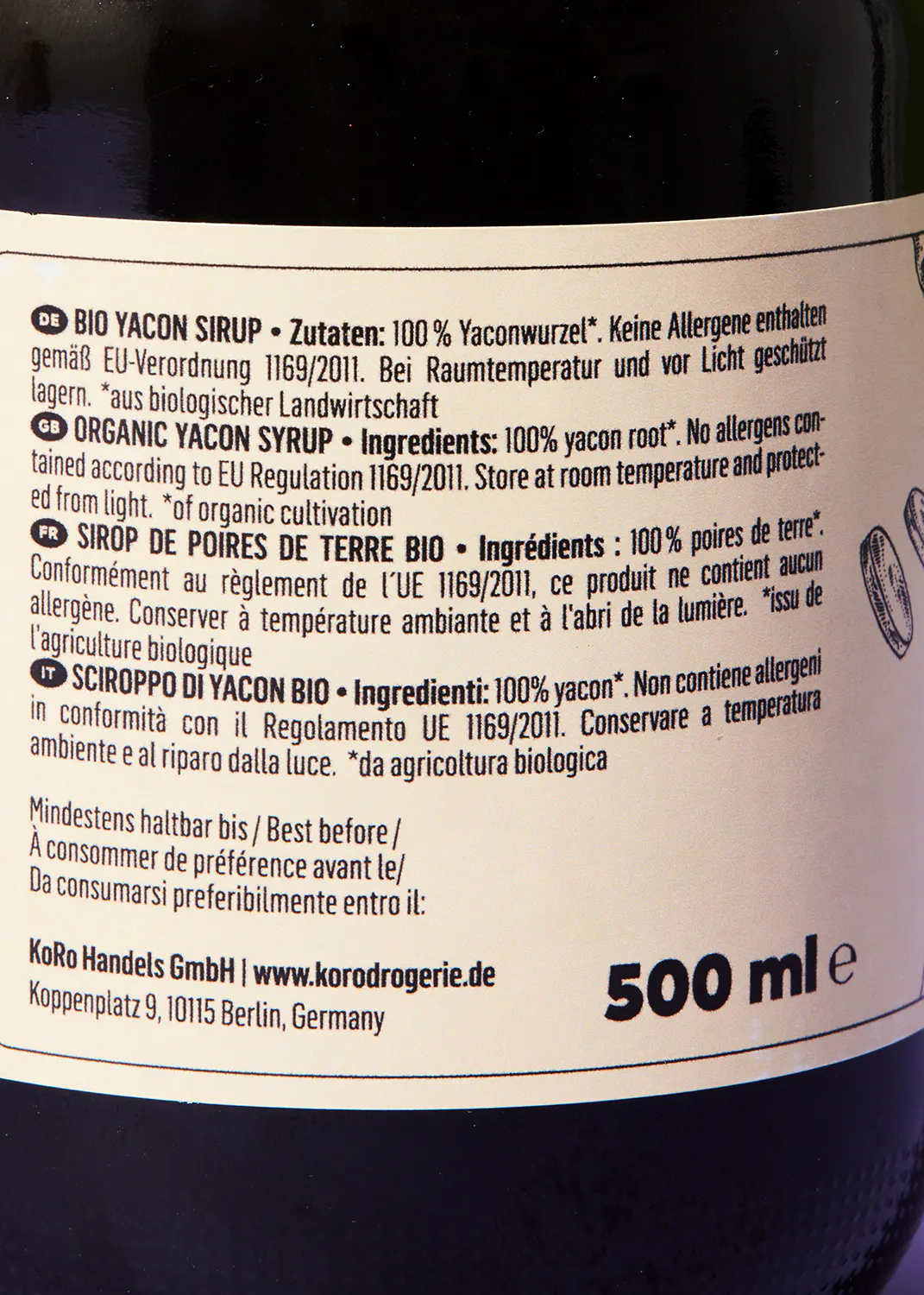 the back of a 500ml bottle of bio yacon syrup