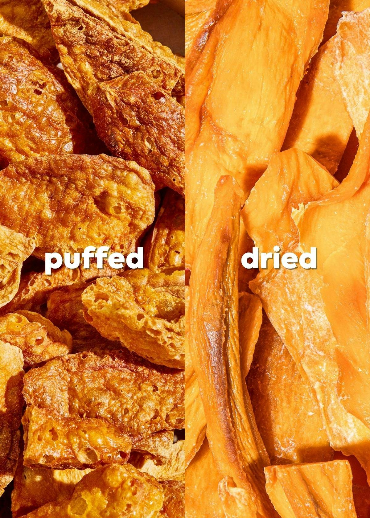 puffed and dried chips are shown side by side