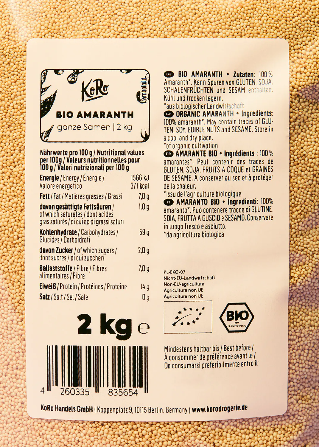 l' arrière d' un sac de 2 kg d' amaranto bio
