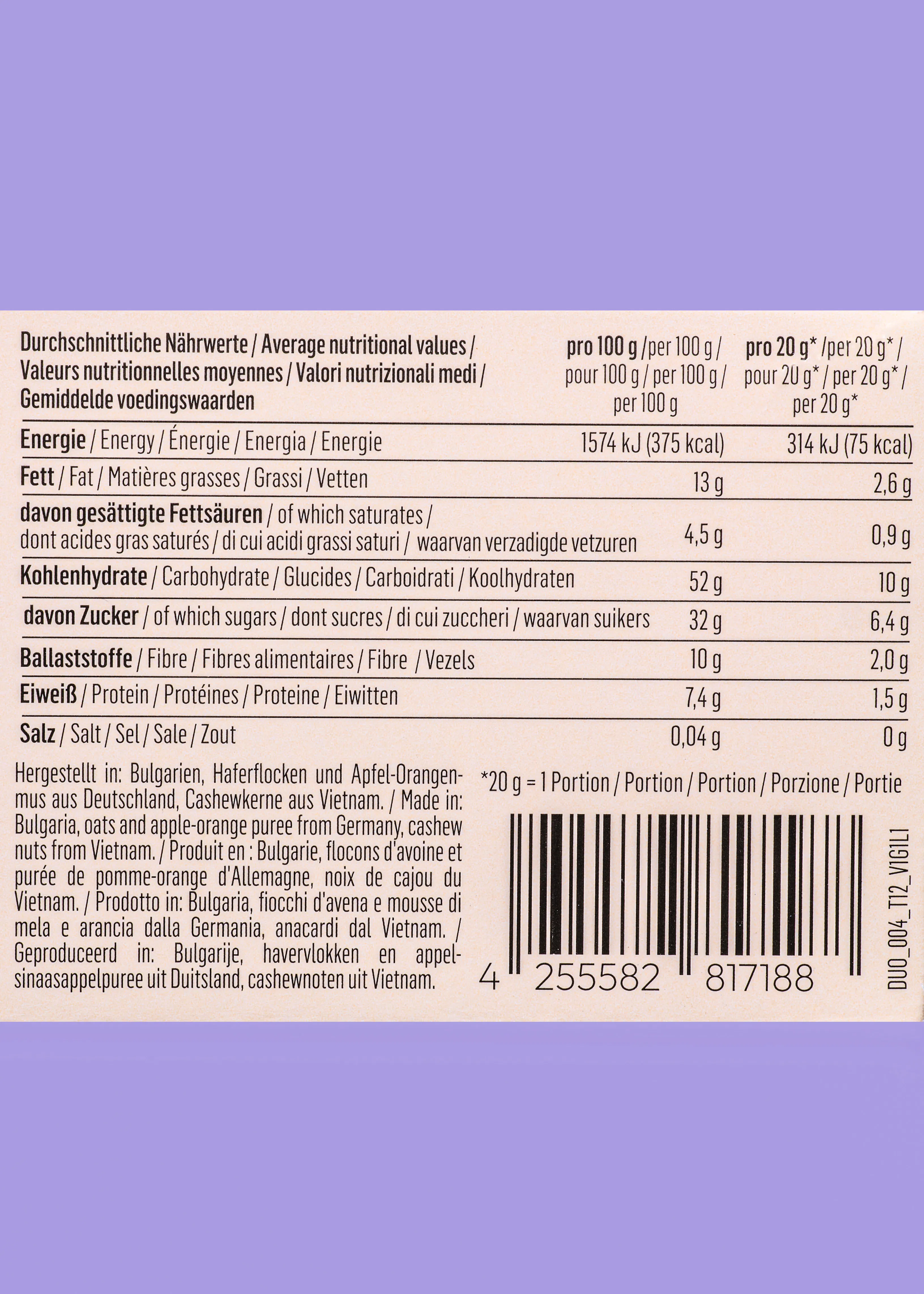 a nutritional information table in multiple languages, listing ingredients and a barcode.