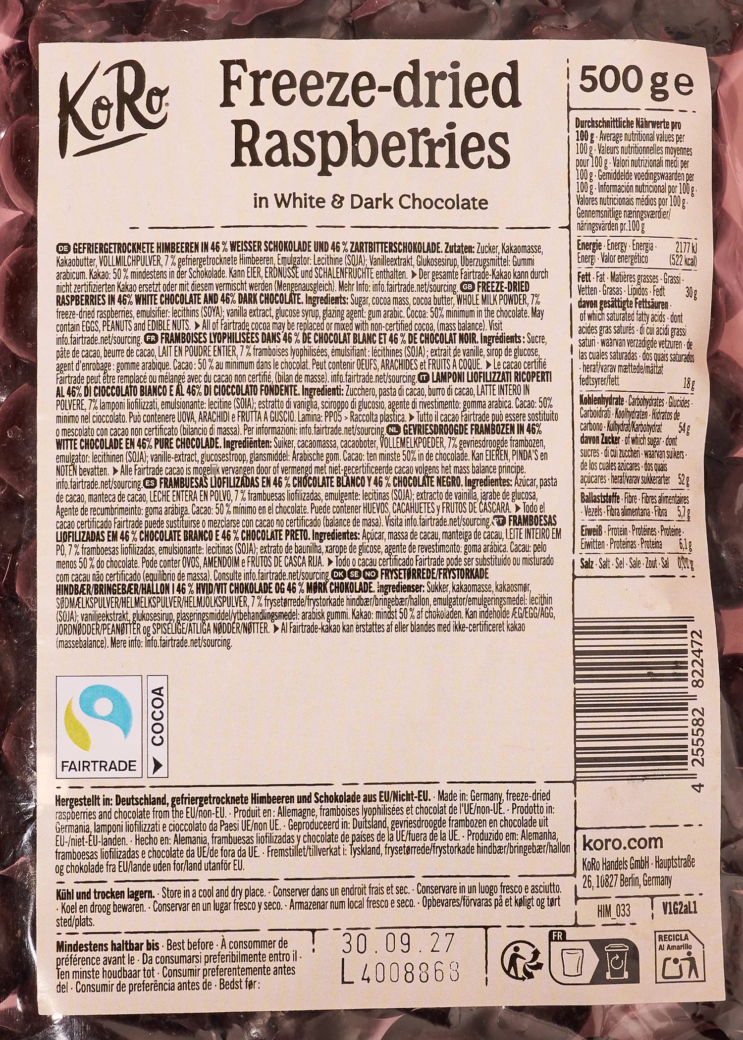 Framboesas Liofilizadas em Chocolate Branco e Negro | 500 g