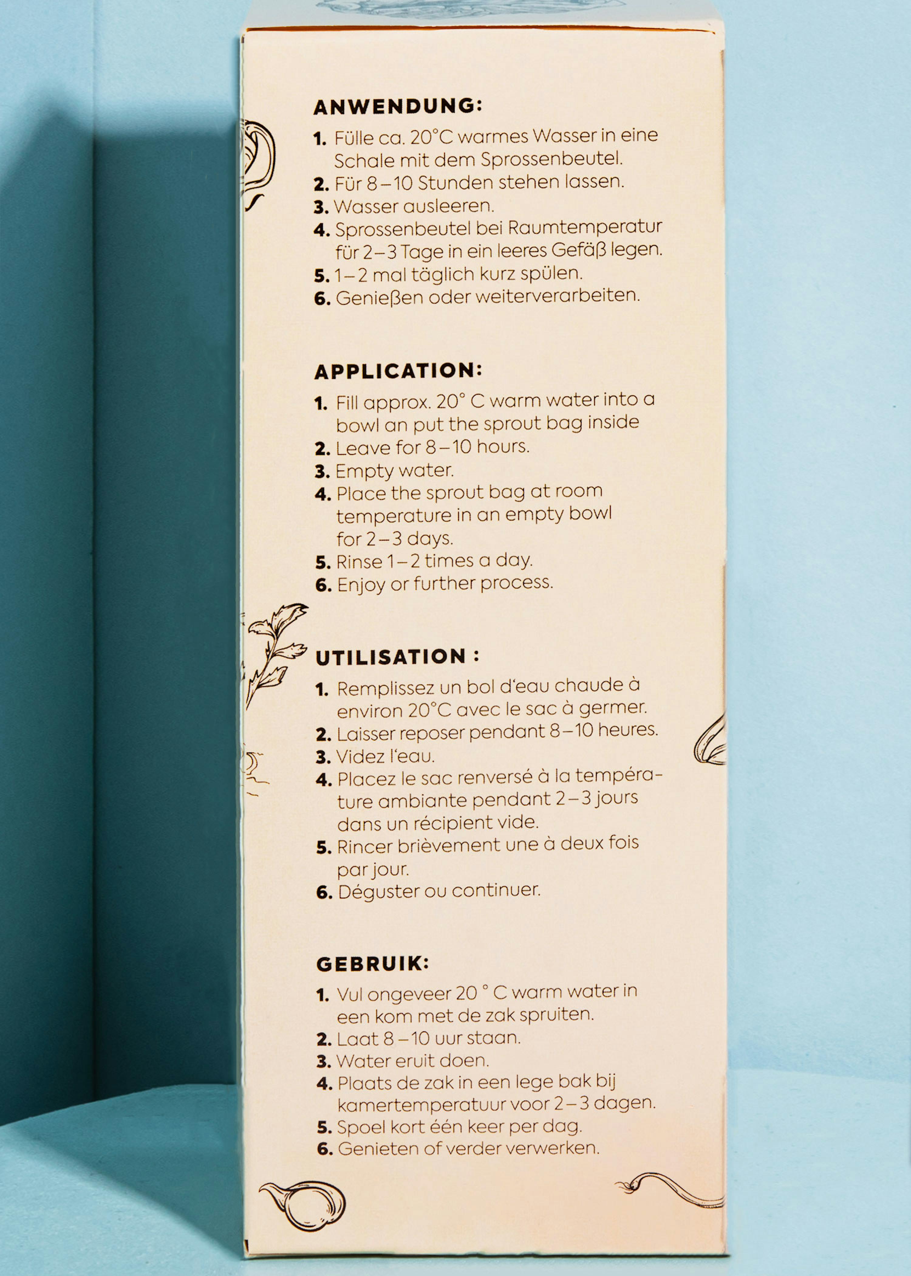 a box with instructions on how to use a sprout bag