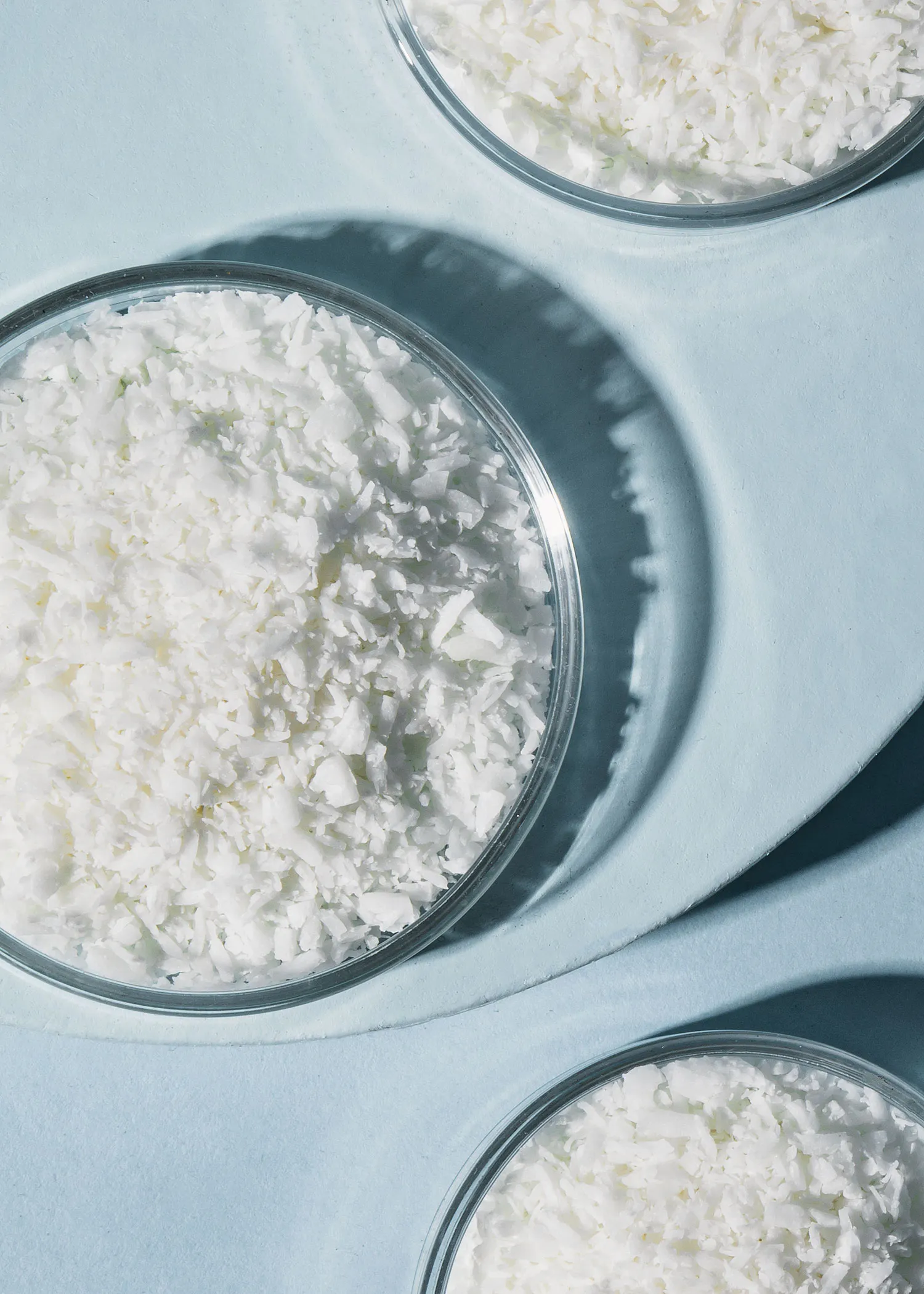 trois bols en verre remplis de granulés blancs sur une surface bleue