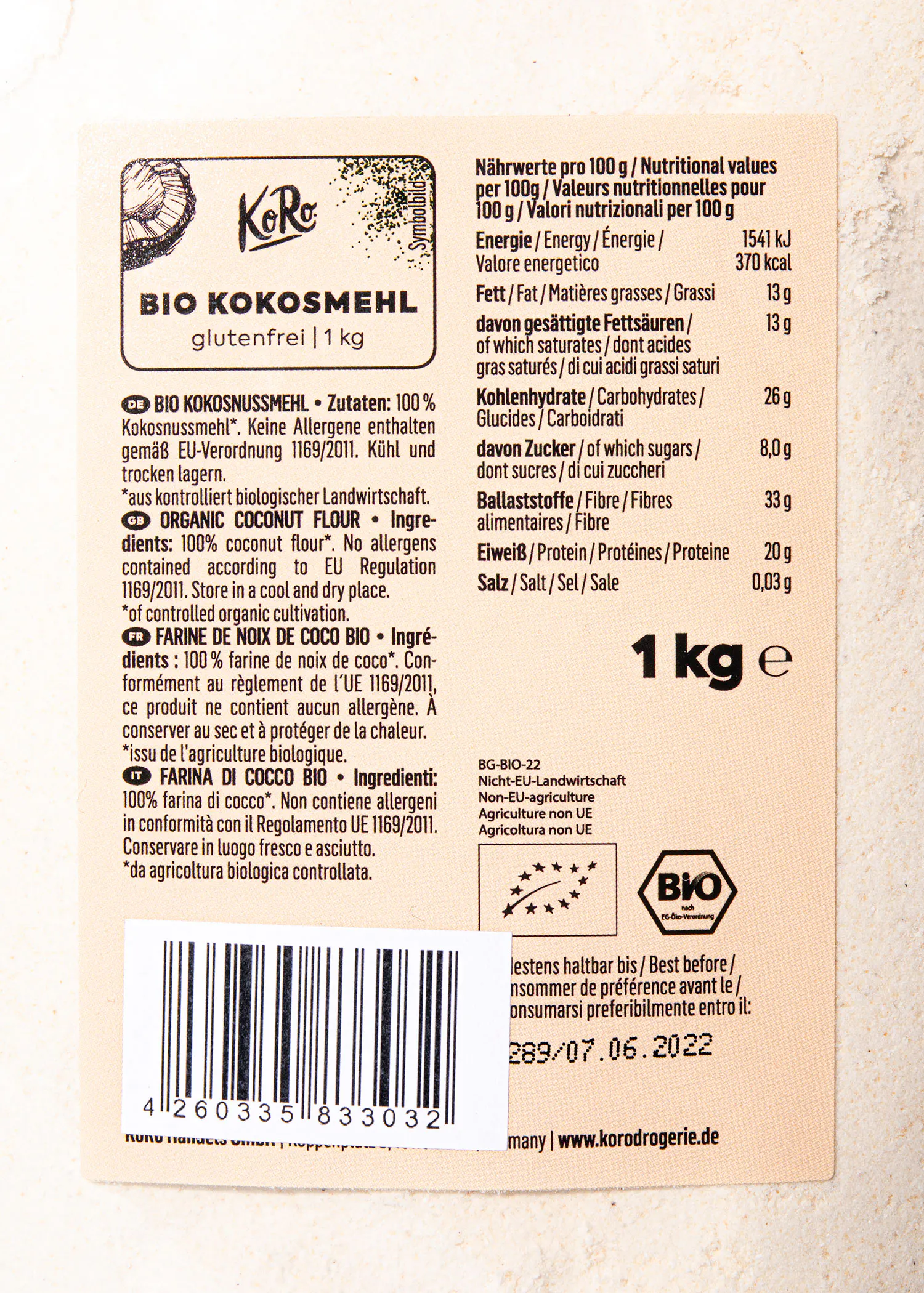 die Rückseite einer Bio-Kokosmehl-Produktverpackung