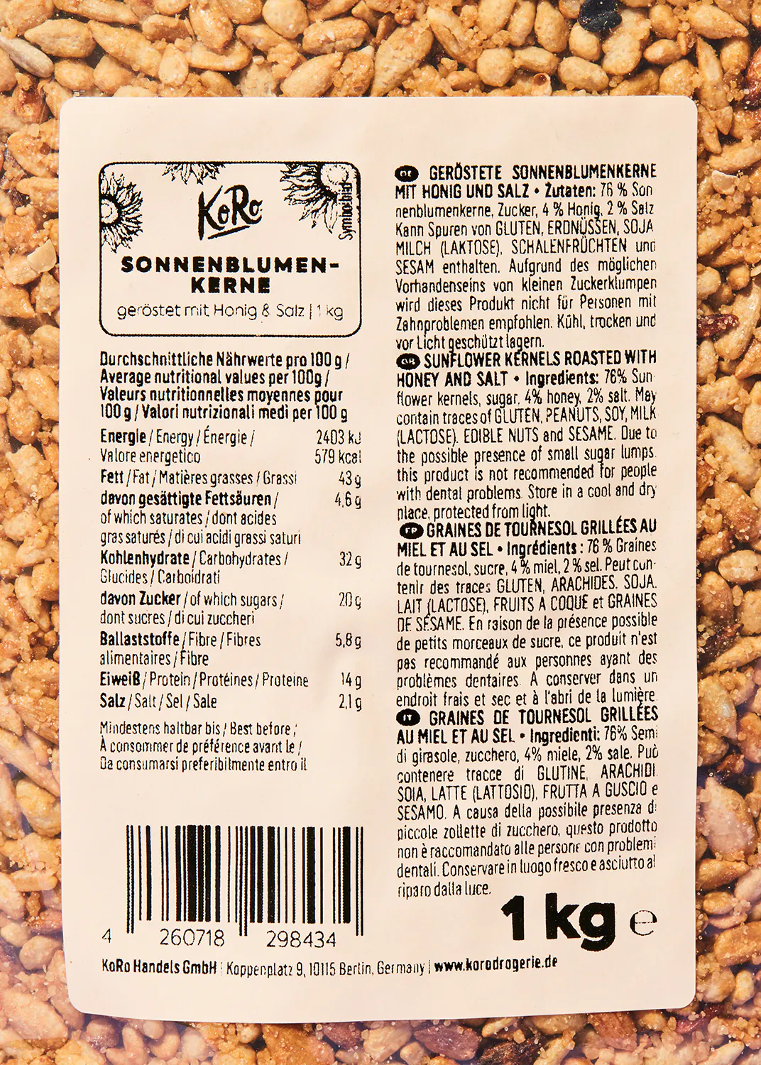 l' arrière de l' emballage d' un kg de graines de tournesol