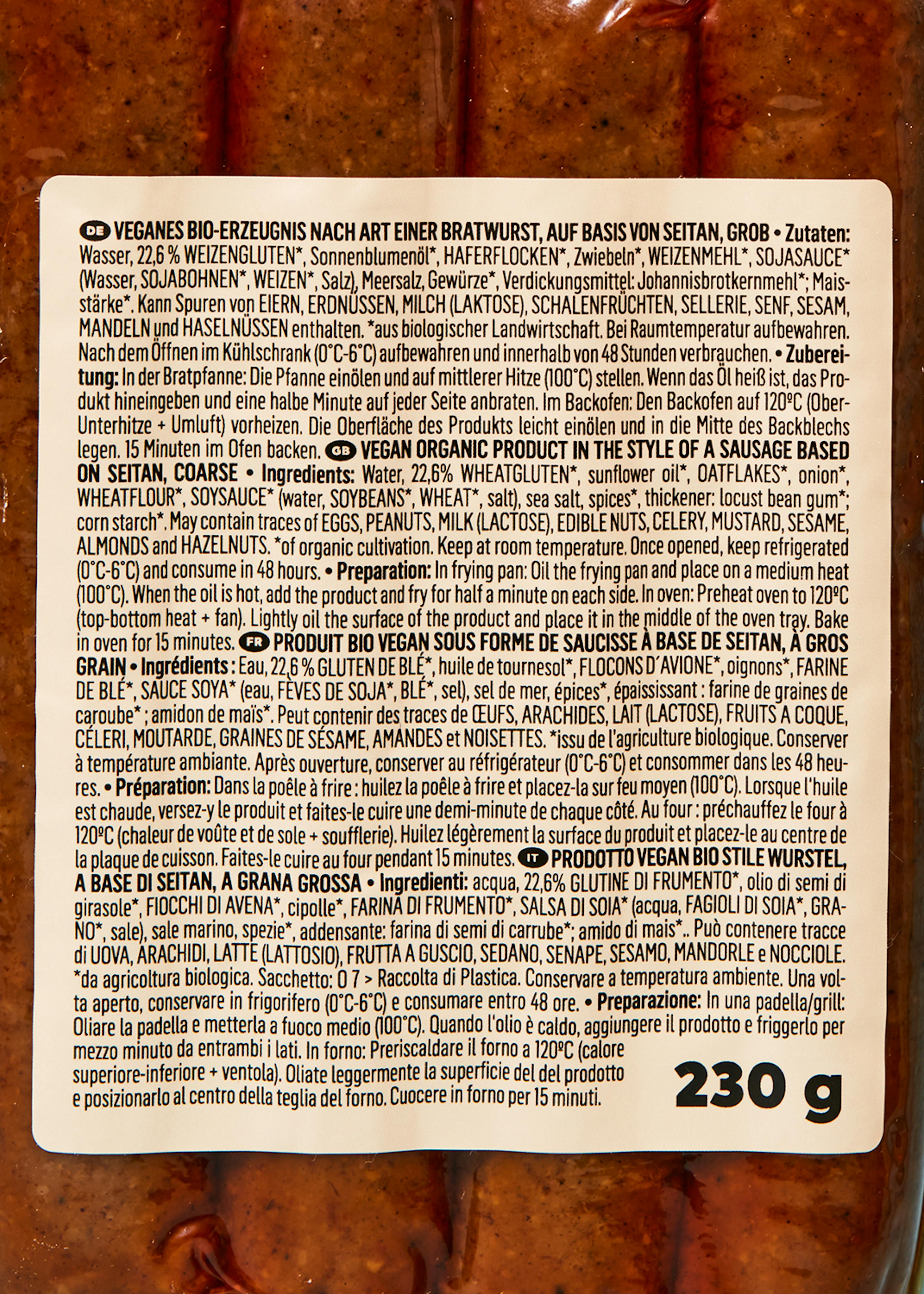 die Rückseite eines veganen Bio-Erzeugnisses mit 230 g