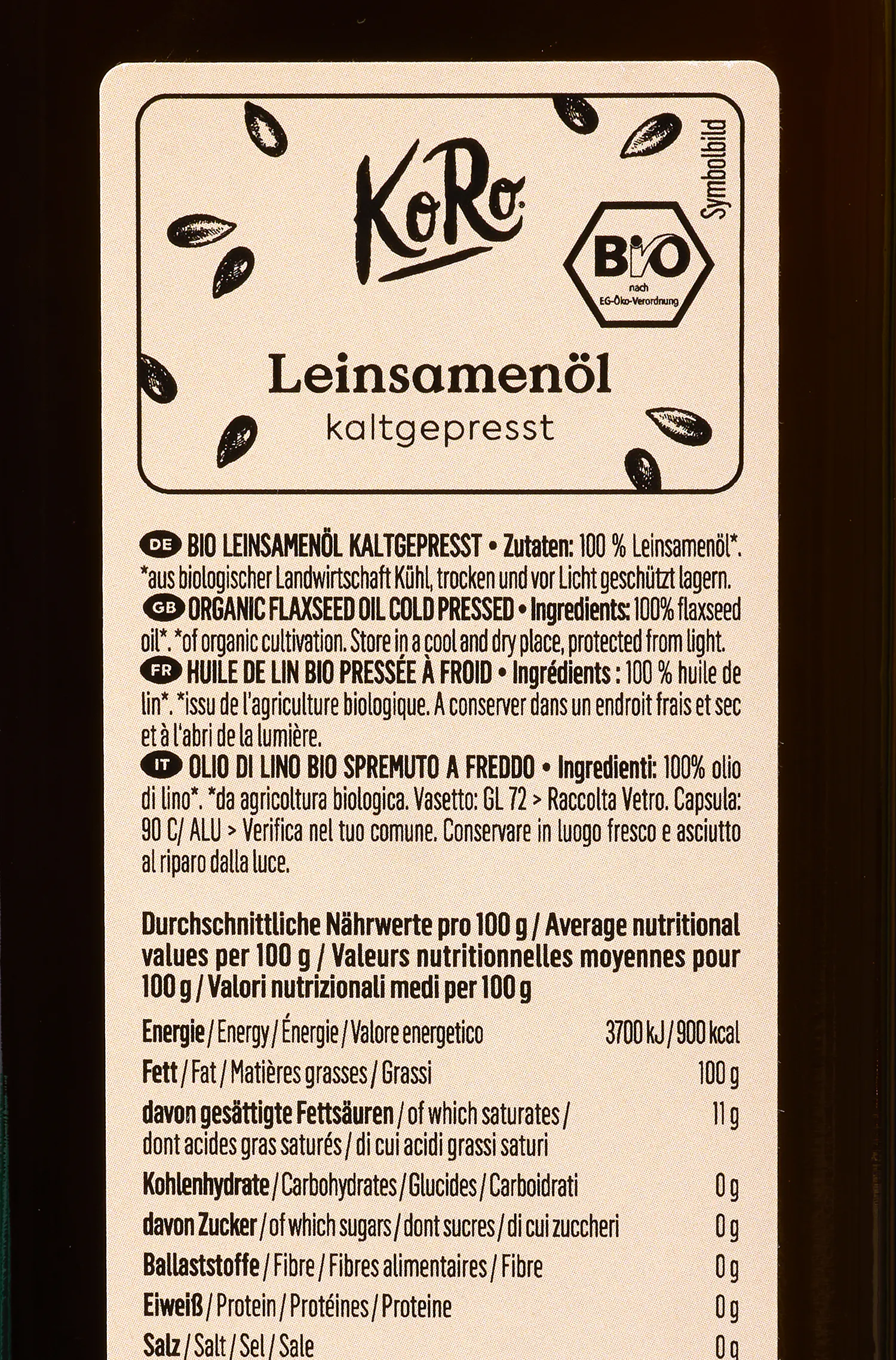 eine Etikett mit der Aufschrift leinsamenöl kaltgepresst