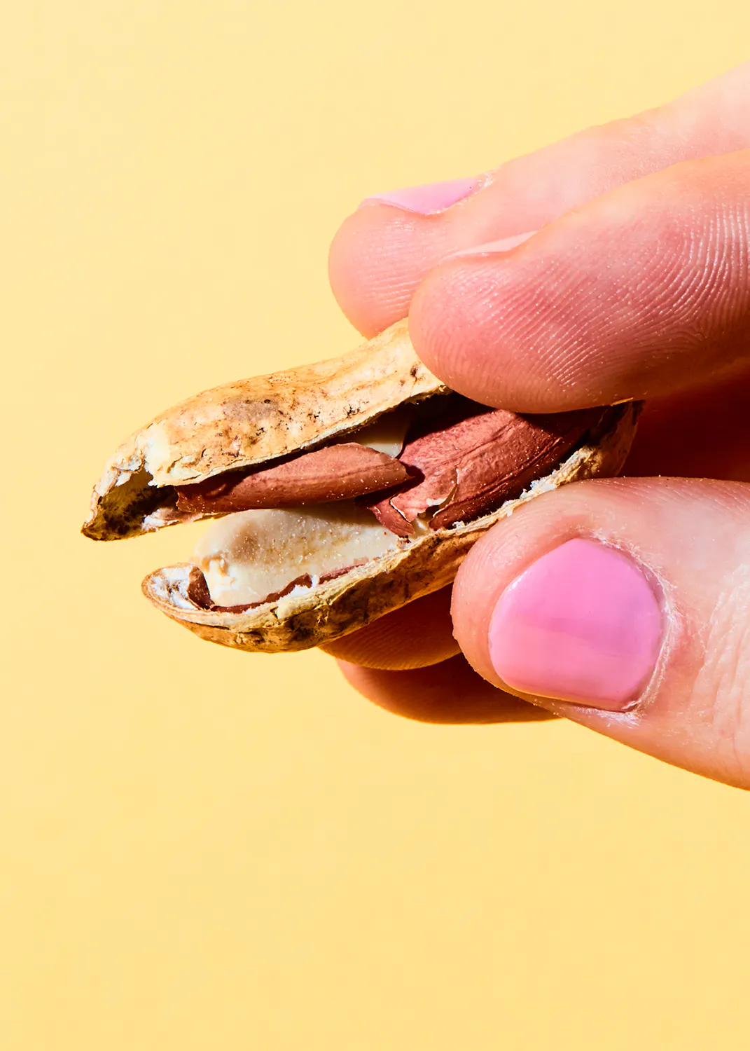 una persona con uñas rosadas sostiene un cacahuete en su mano