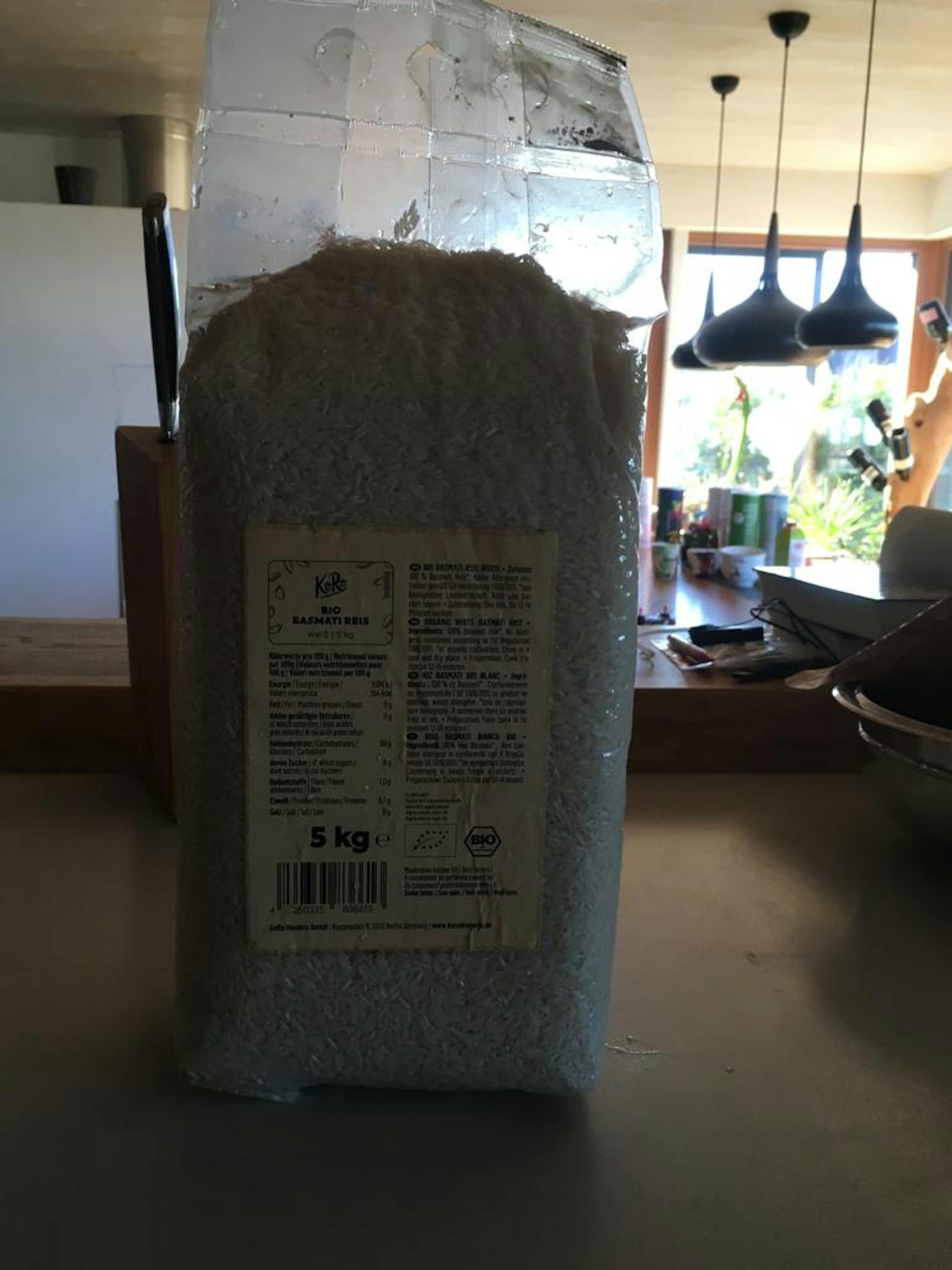 a bag of kirk coconut rice sits on a kitchen counter
