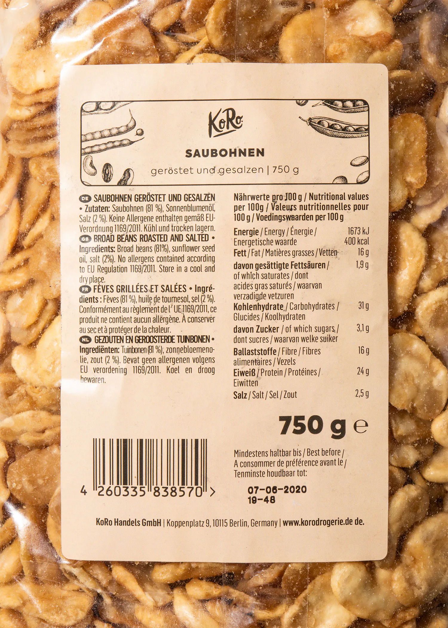 l' arrière d' un sac de haricots bruns grillés et salés de 750 g