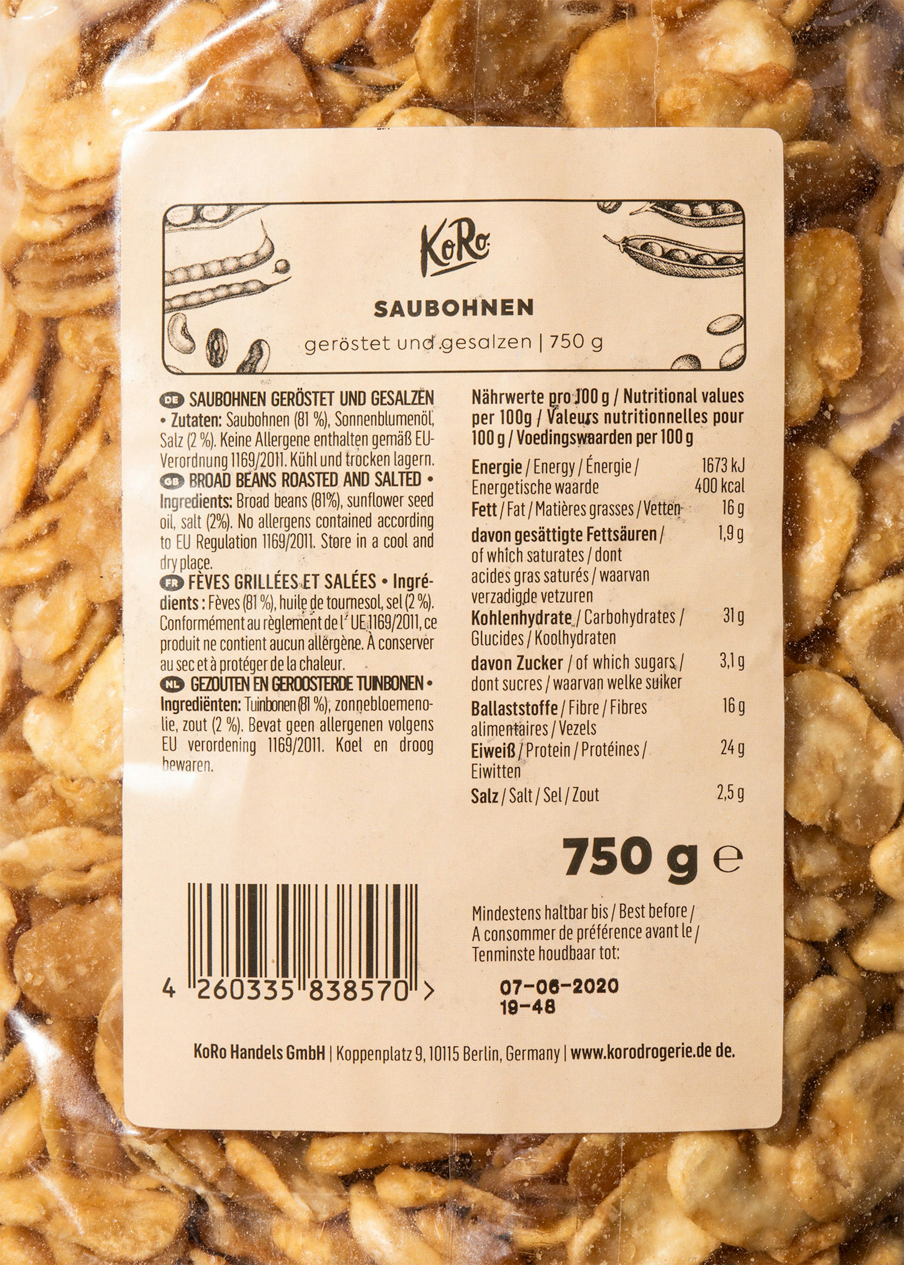 the back of a bag of saubohnen roasted and salted beans