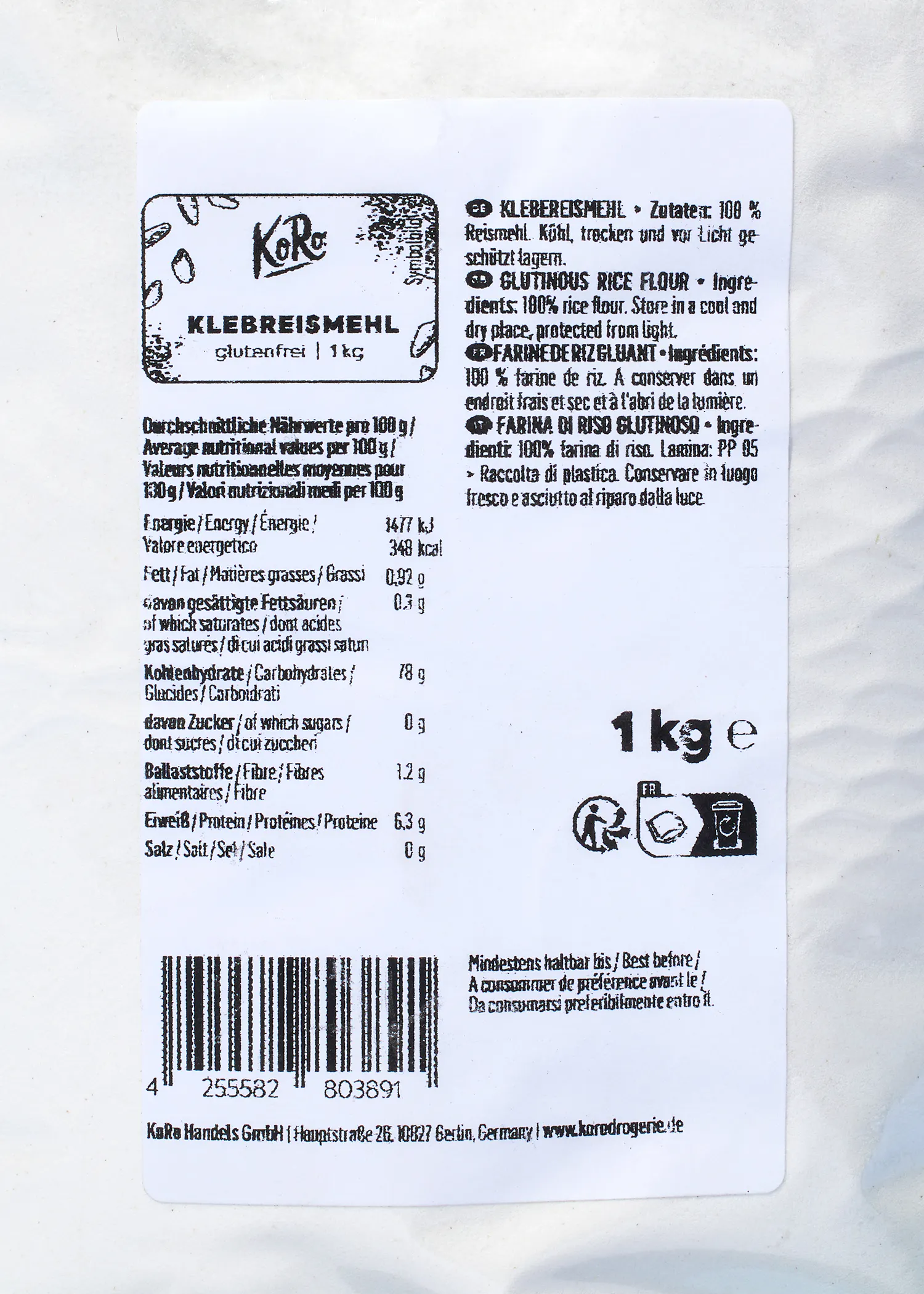 the back of a 1 kg rice flour label
