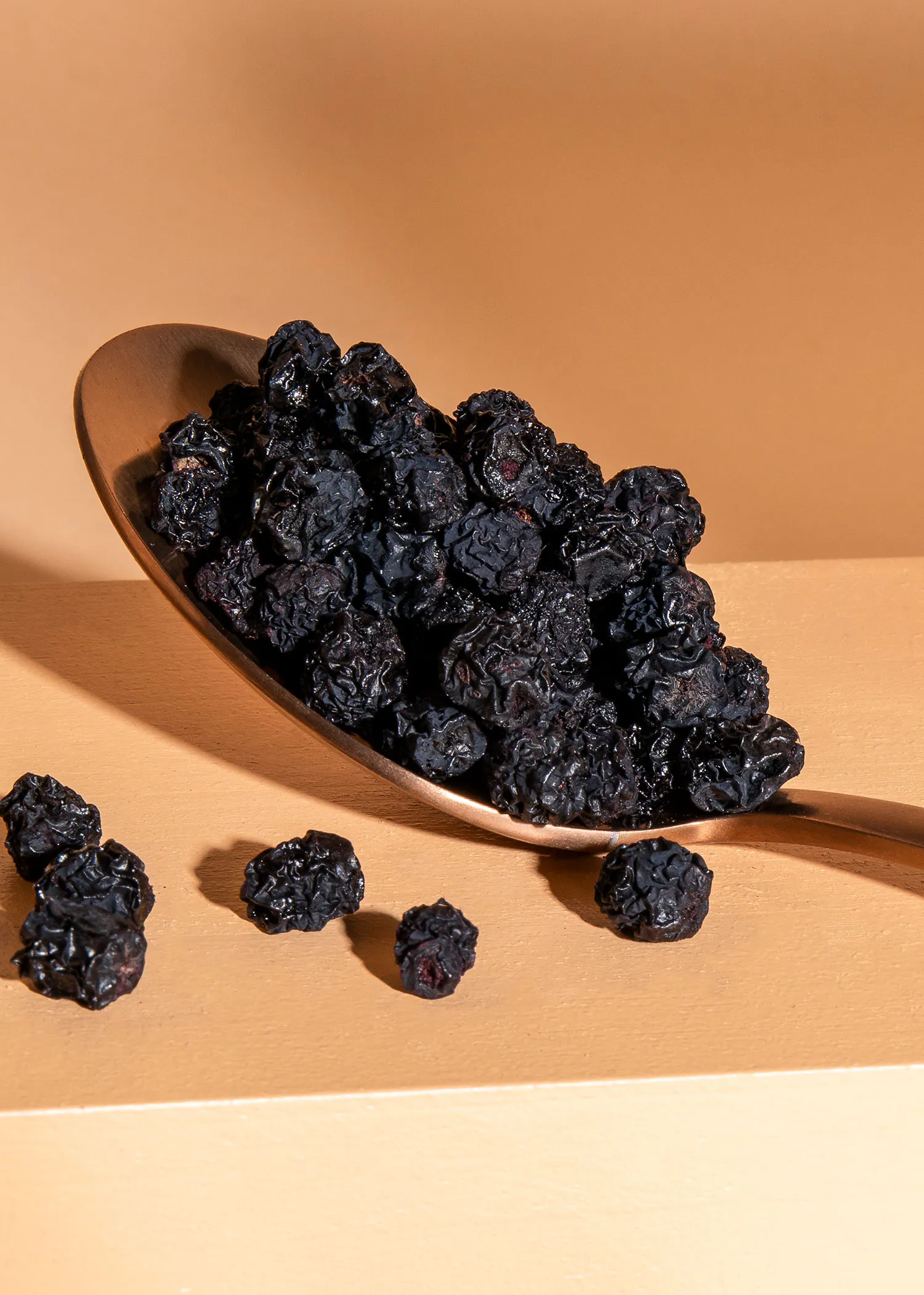 a metal spoon filled with dried blueberries on a table