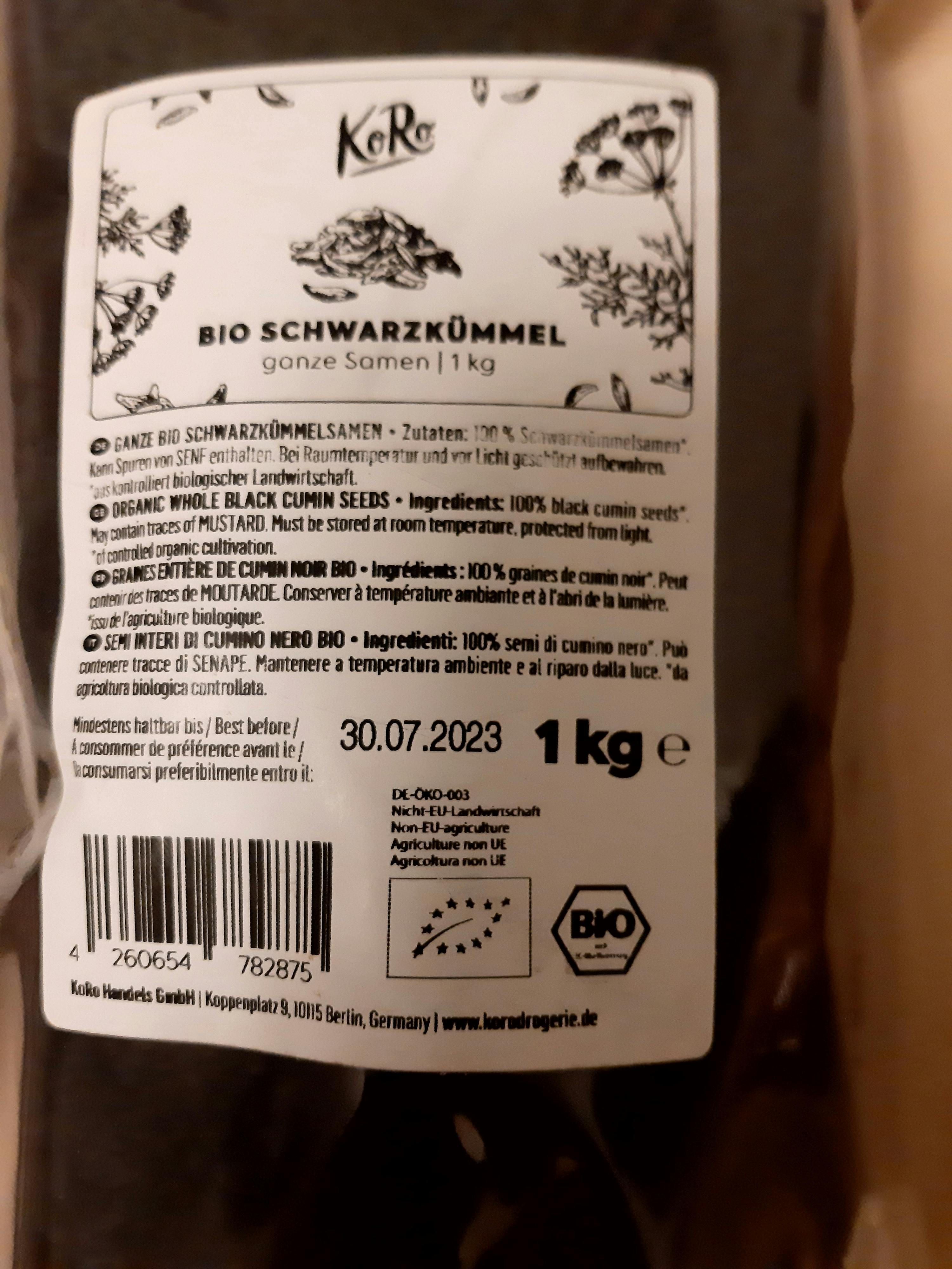 l' arrière de l' étiquette d' un kg de graines de cumin noir bio