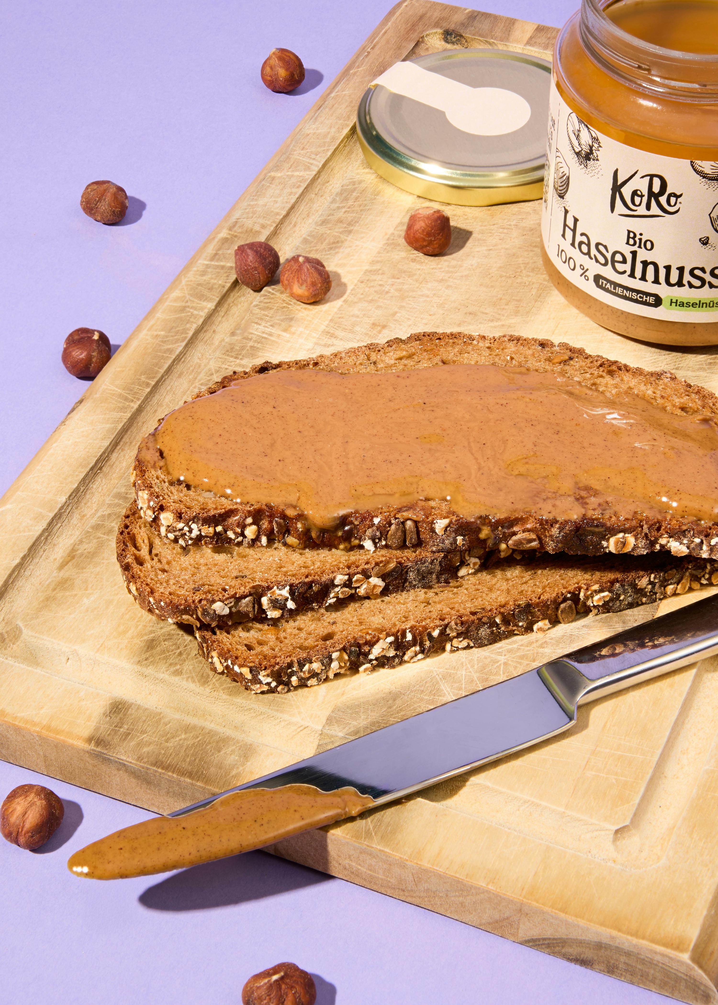 a slice of bread with haselnuss spread on it