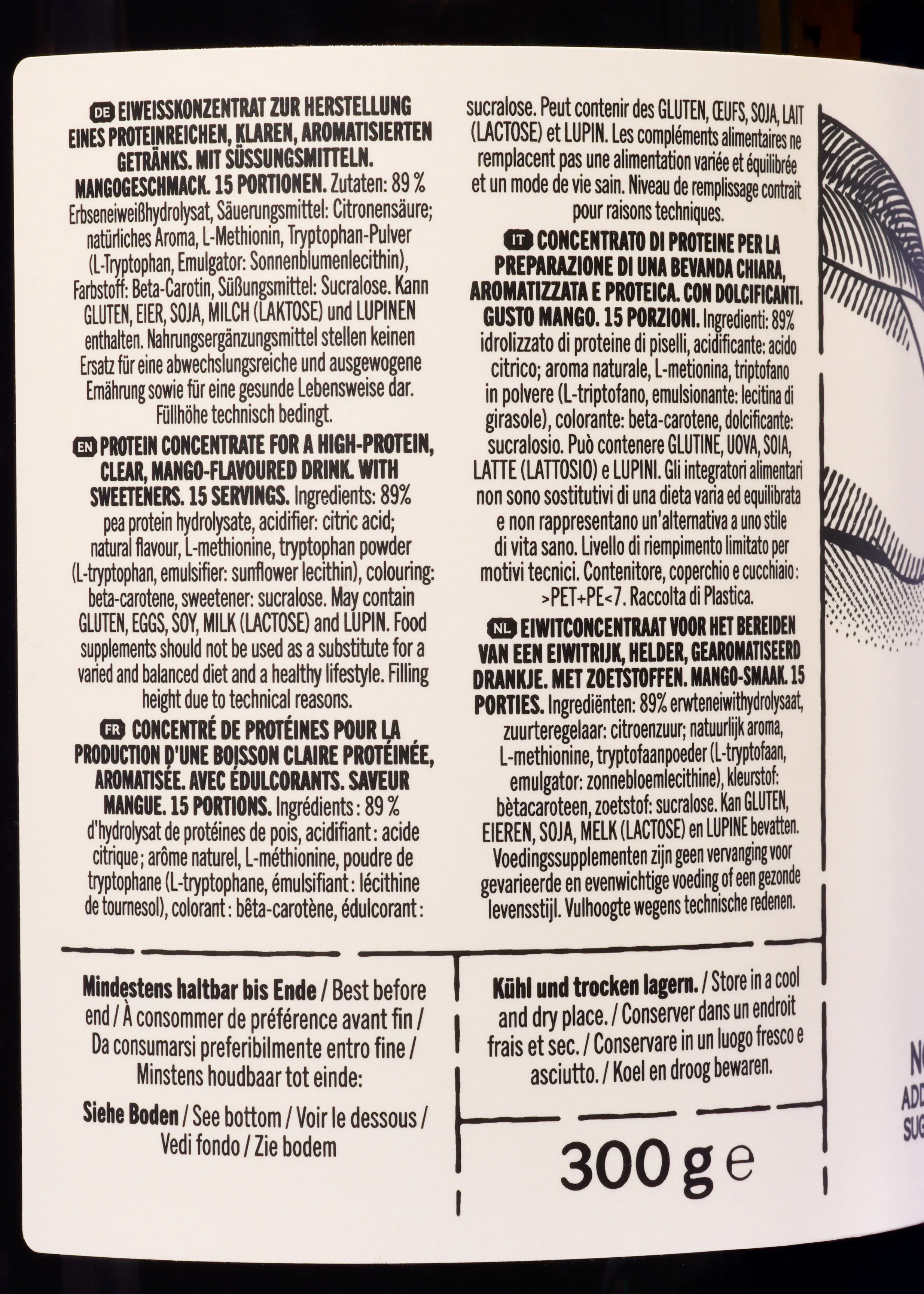 the back of a bottle of 300g contains ingredients such as lactose and lupin