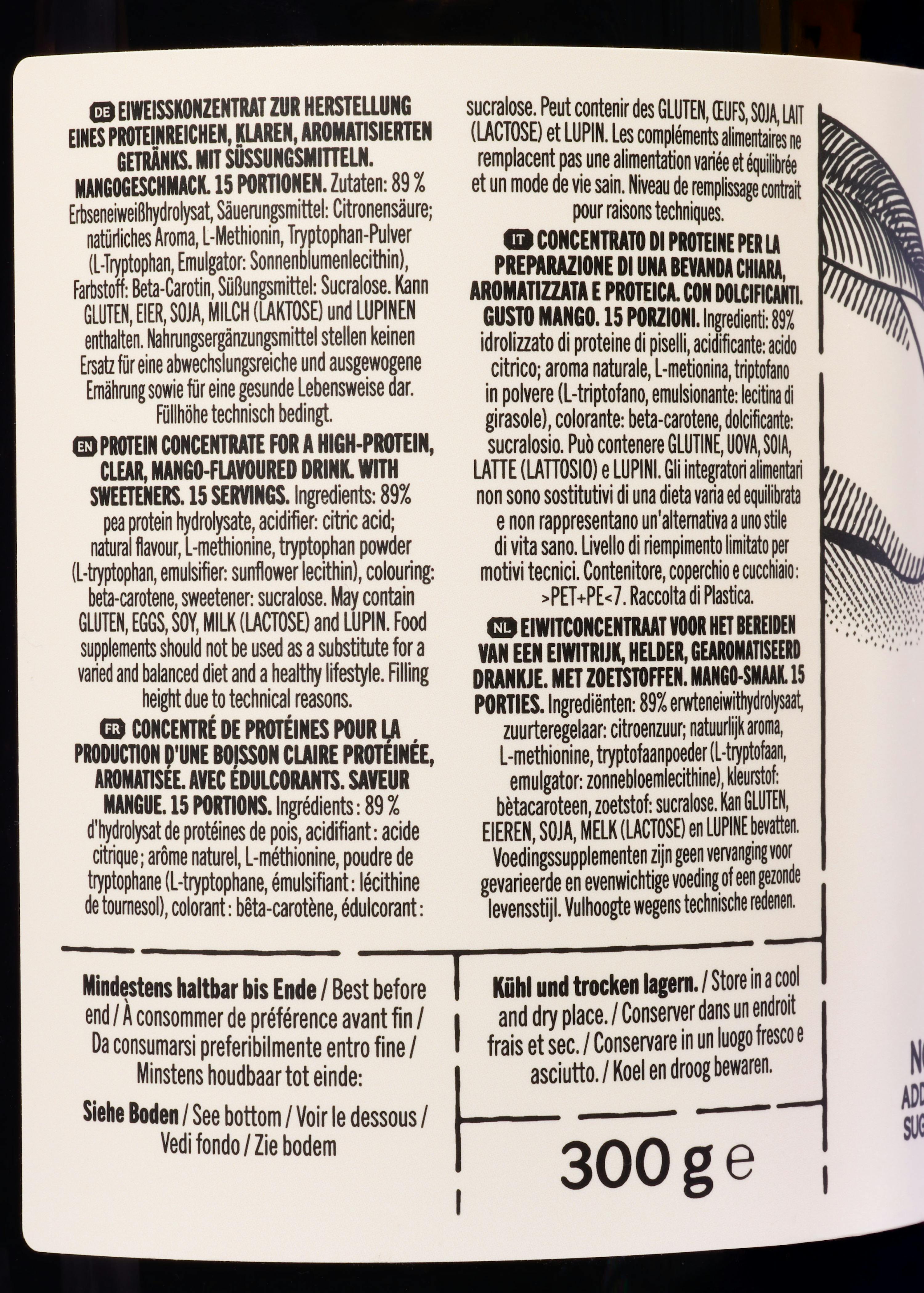 the back of a bottle of 300g contains ingredients such as lactose and lupin