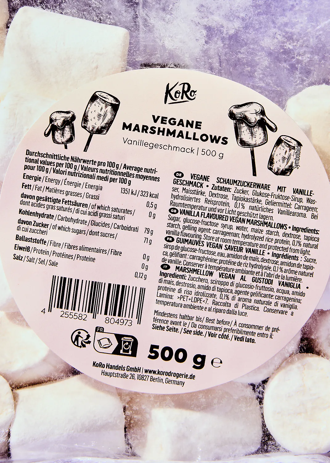 ein Etikett für vegane Marshmallows mit 500 g
