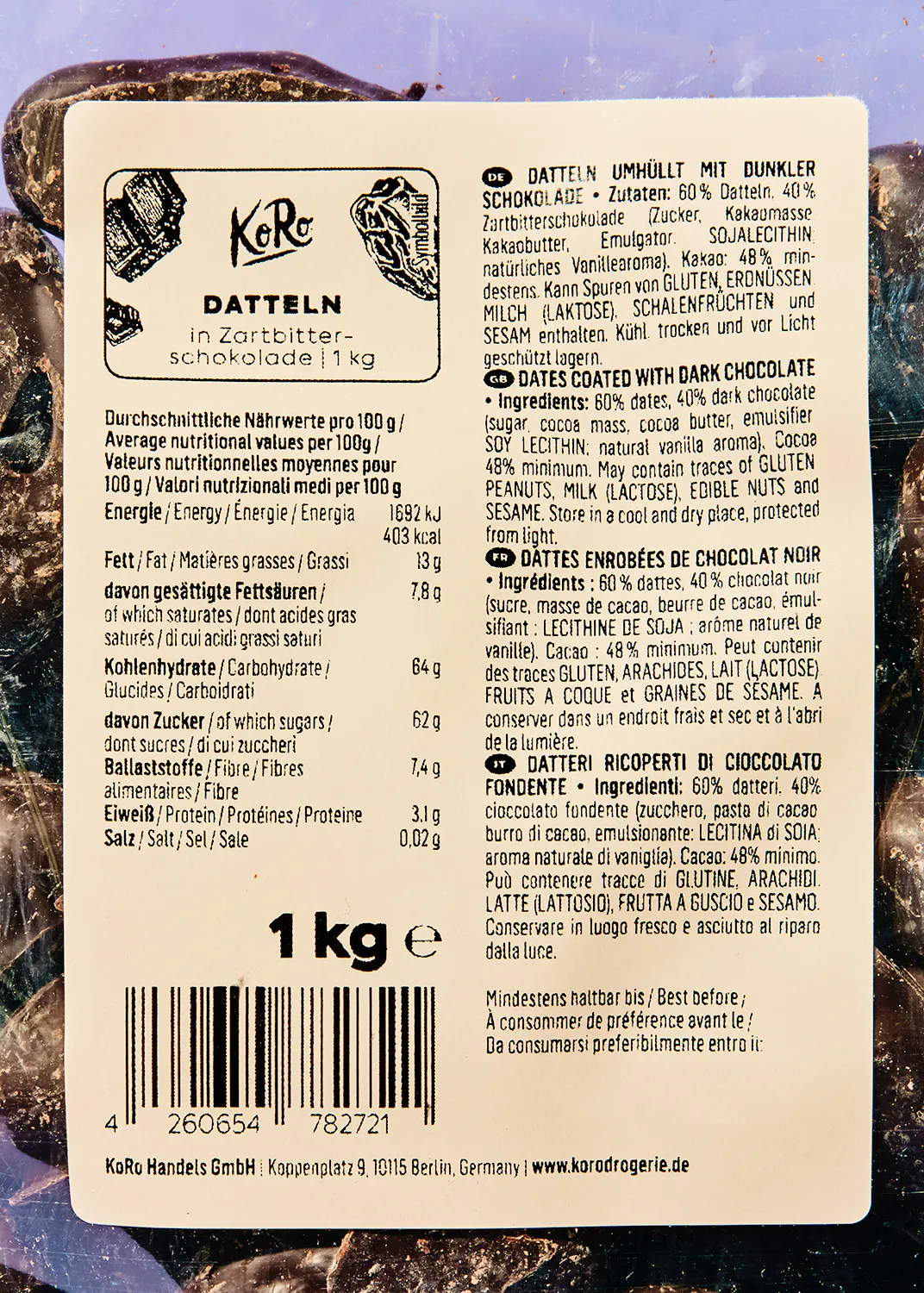 die Rückseite eines Kartons mit einem Gewicht von 1kg