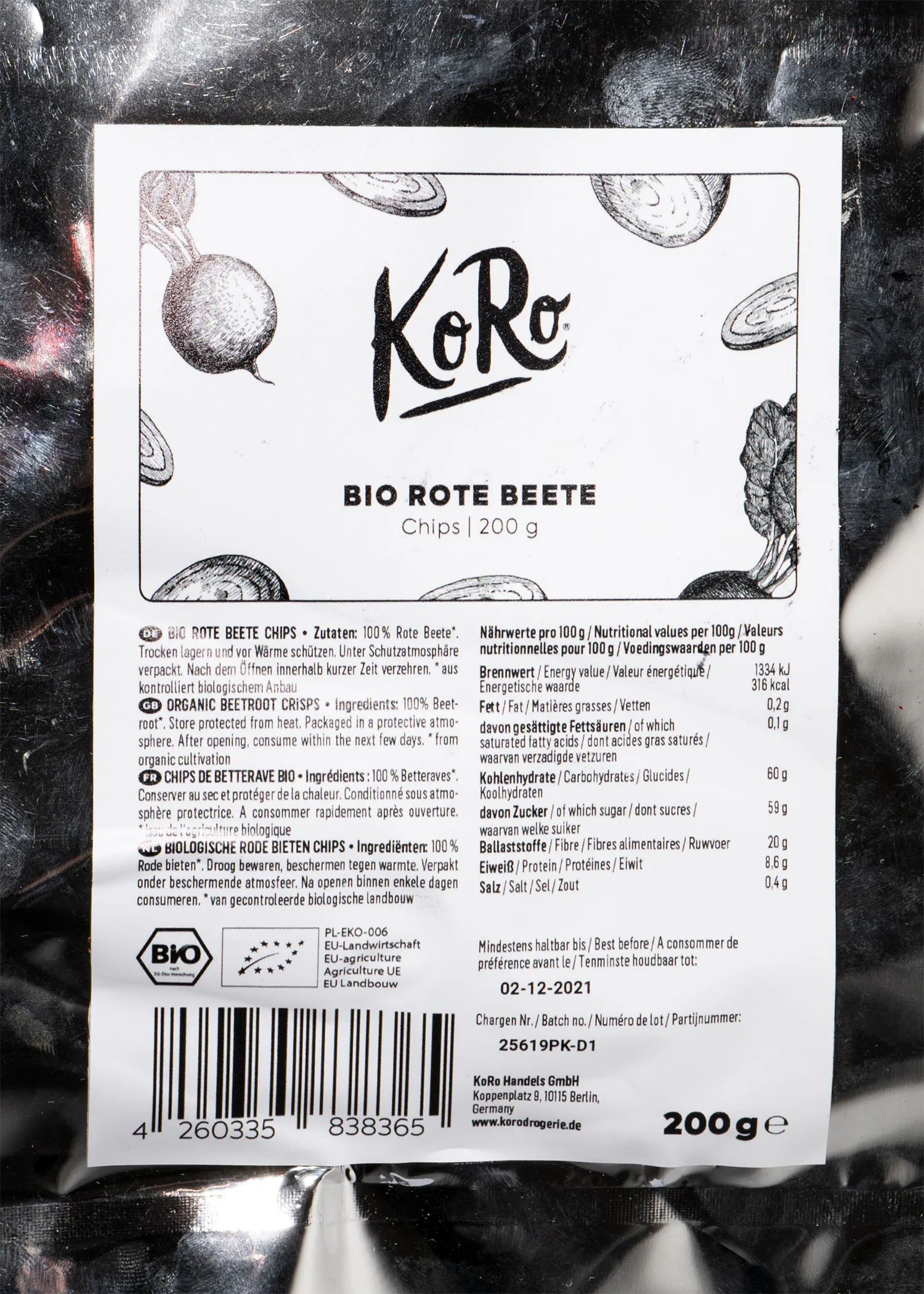 the back of a bag of bio rote beete chips