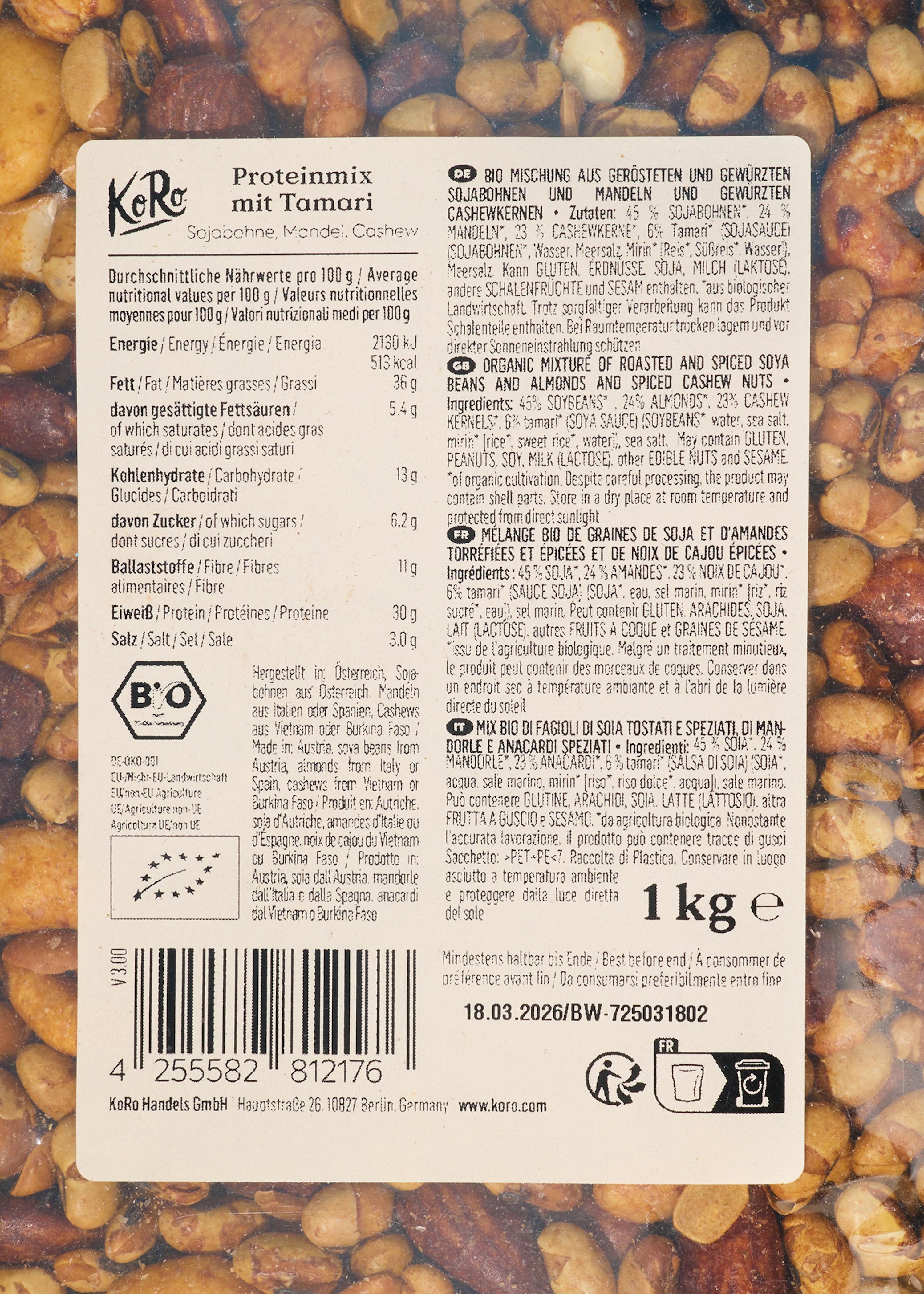 l' etichetta di una scatola di proteinmix con tamari