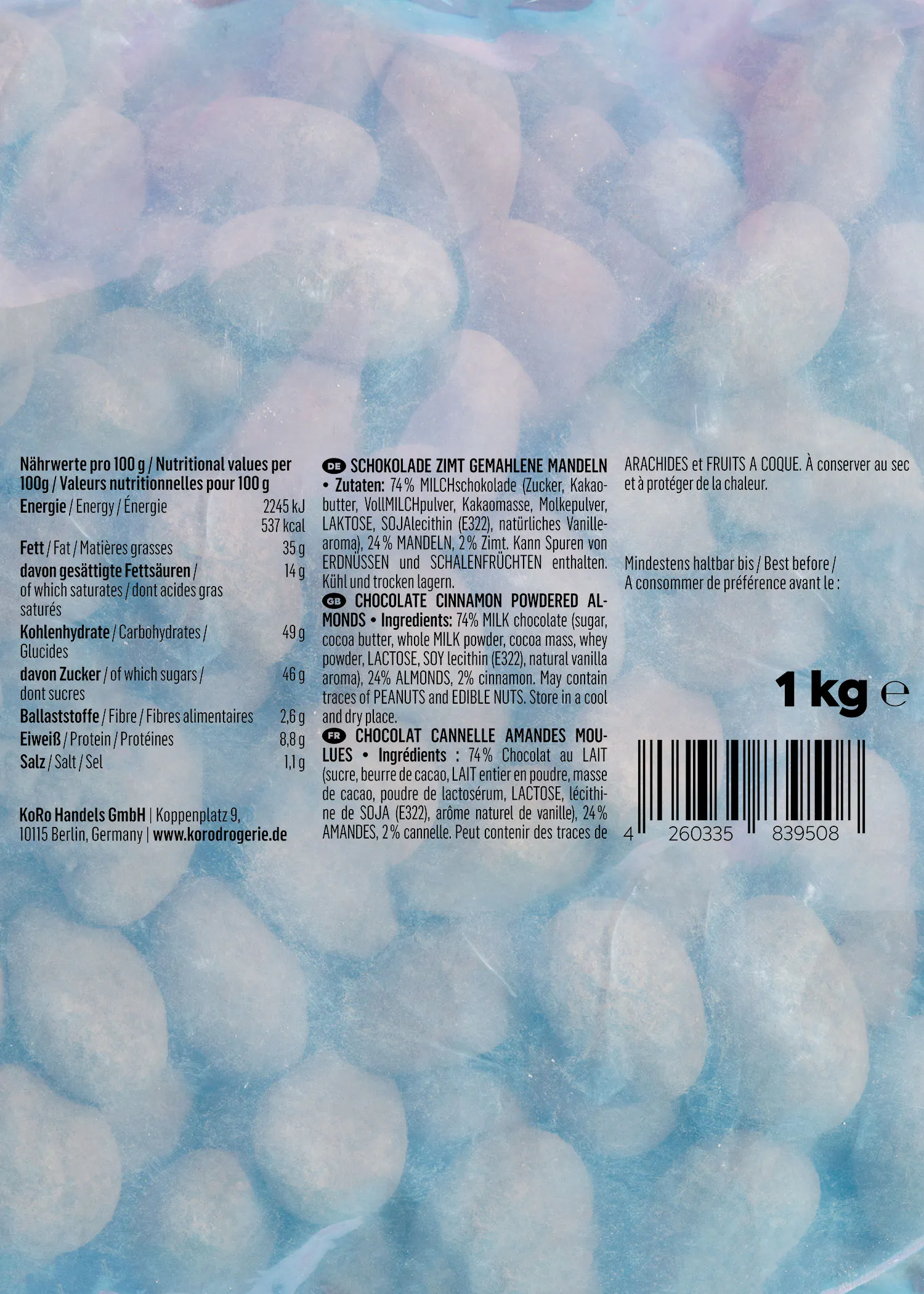 the back of a 1 kg bag of candy shows the ingredients