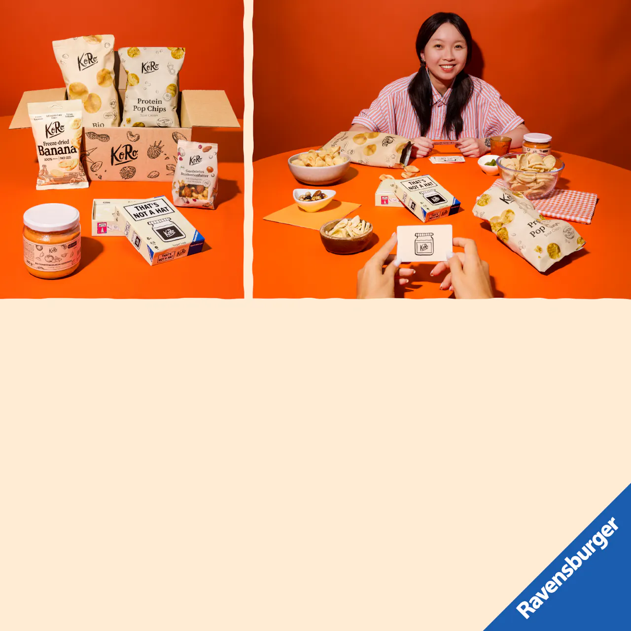 eine collage zeigt links verschiedene koro-snacks in einer box und rechts eine junge frau, die mit freunden das kartenspiel thats not a hat von ravensburger spielt.